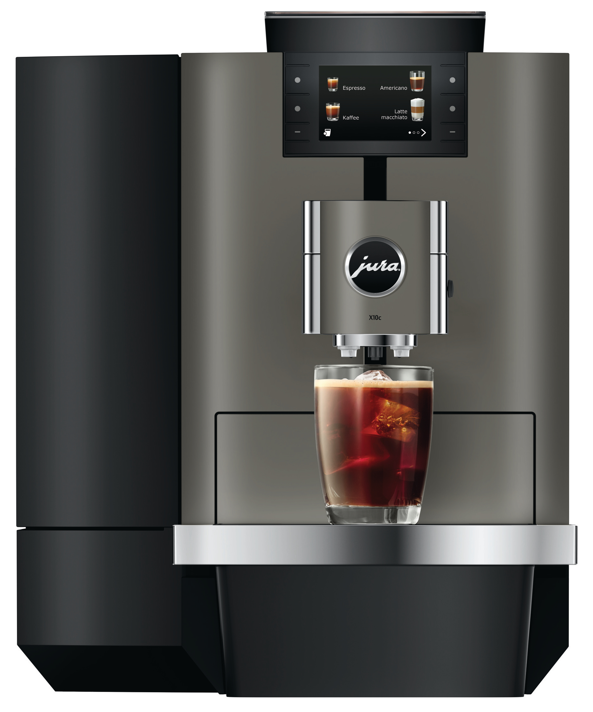 Eine Jura-Kaffeemaschine mit einem Glas Eiskaffee. Die Maschine ist grau und schwarz. Es gibt einen Touchscreen und ein Logo.