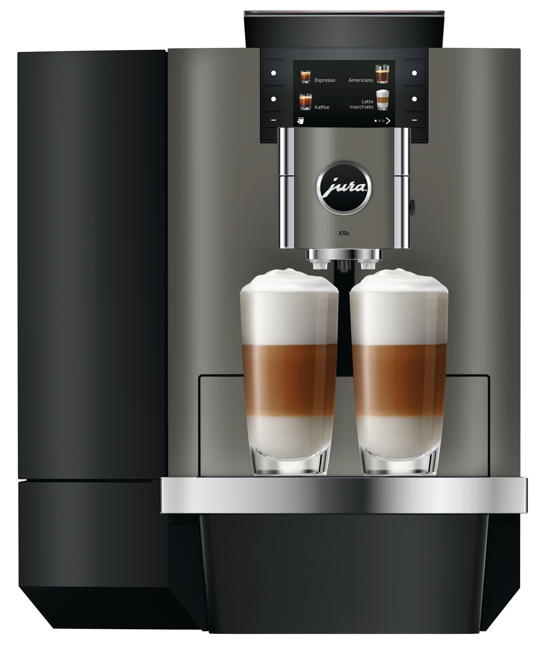 Eine Kaffeemaschine mit zwei Latte Macchiatos. Die Maschine ist grau und schwarz.