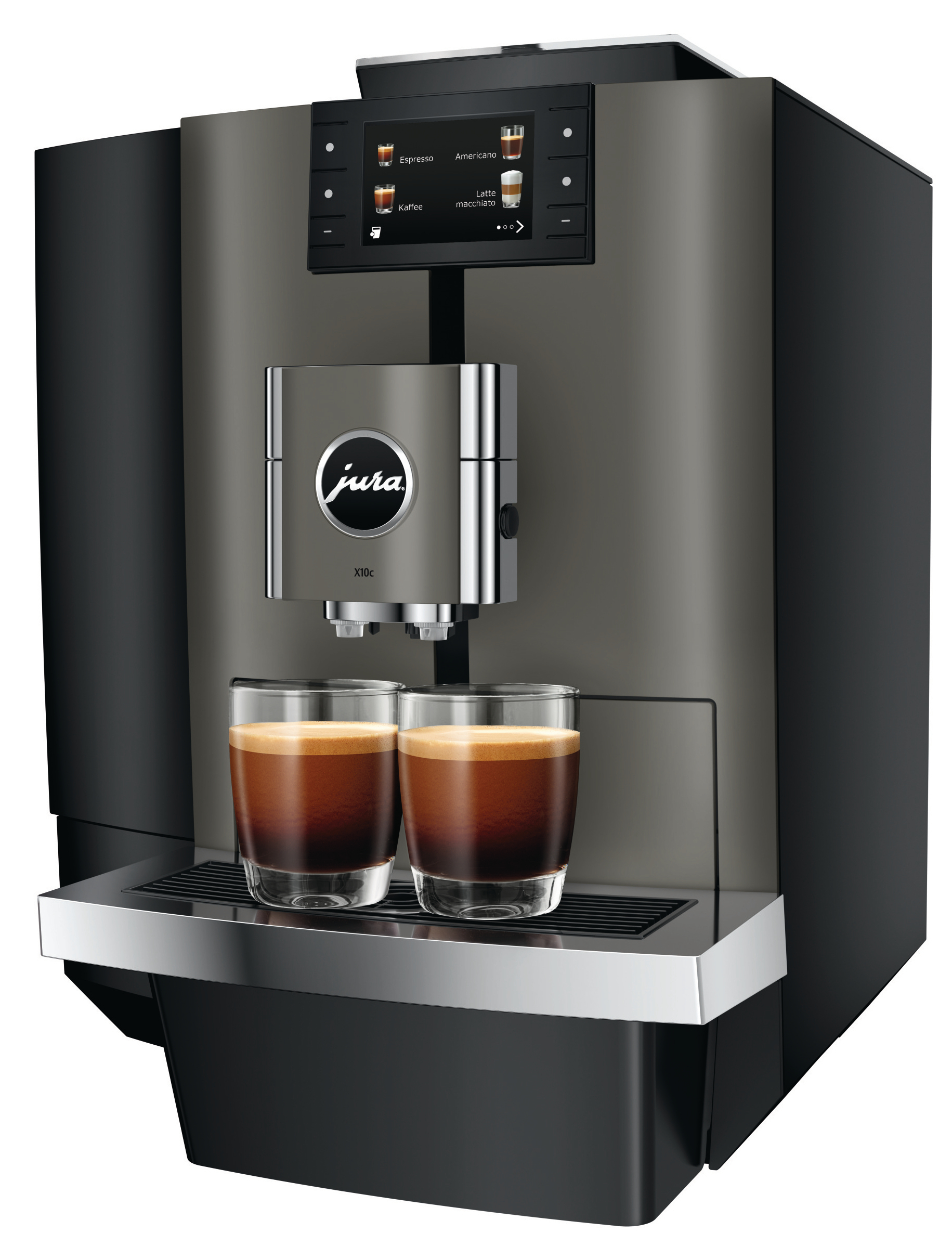 Eine Jura X10c Kaffeemaschine mit zwei Gläsern Espresso. Die Maschine hat einen Touchscreen und das Jura-Logo.