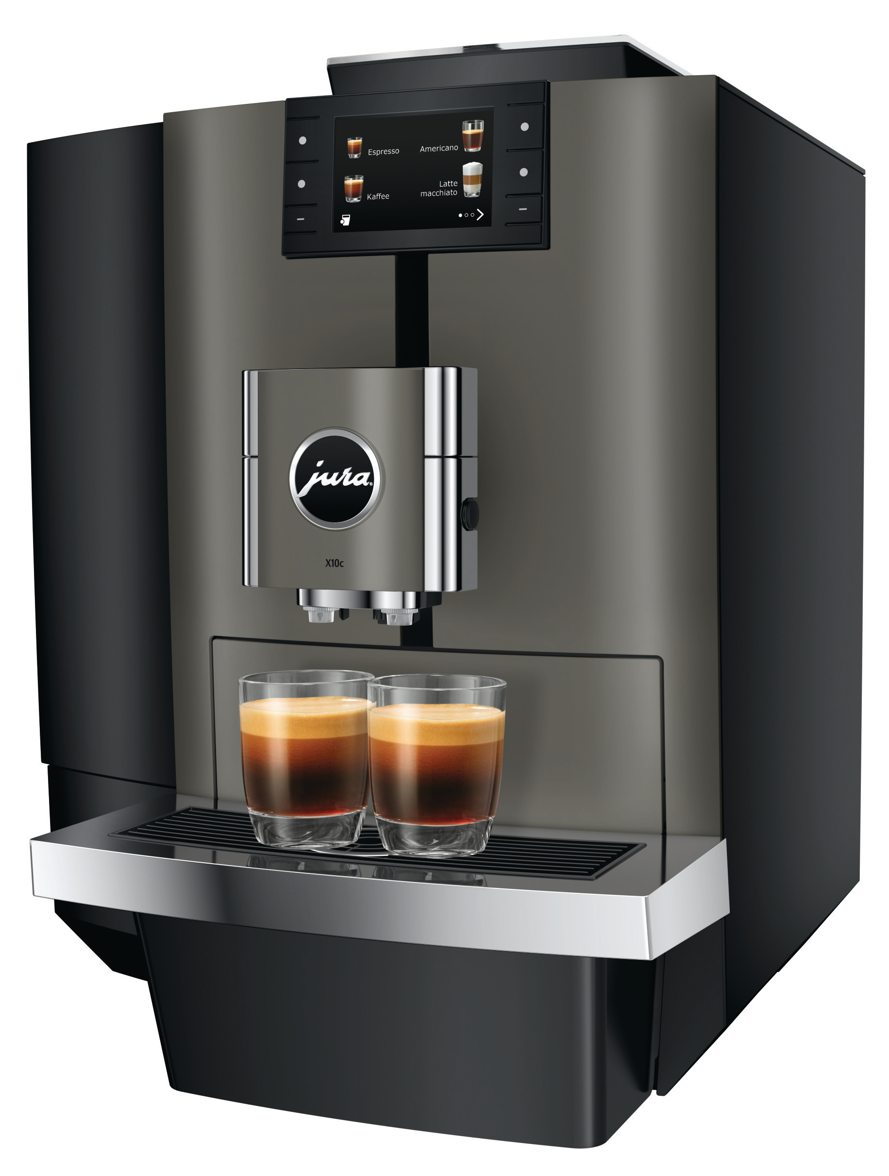 Graue Kaffeemaschine mit Bildschirm, zwei Kaffeegläsern und dem Jura-Logo.