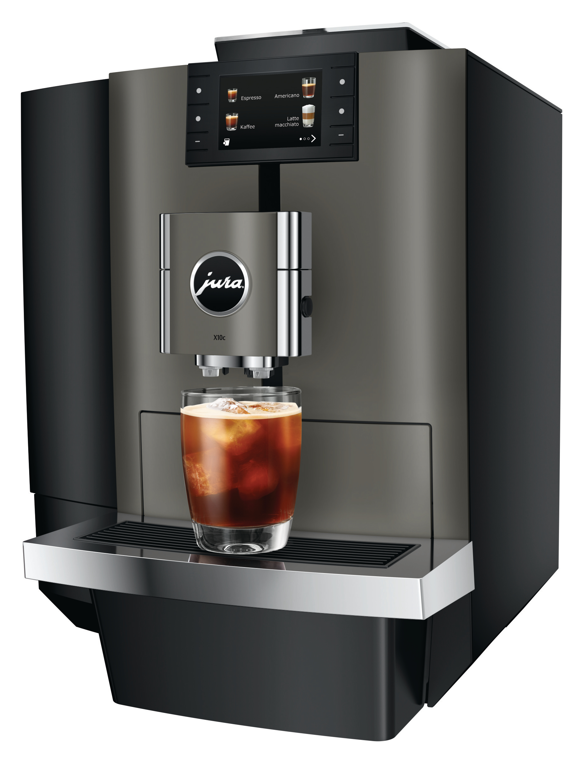 Eine moderne Kaffeemaschine mit einem Glas Eiskaffee. Die Maschine hat einen Touchscreen und das Jura-Logo.