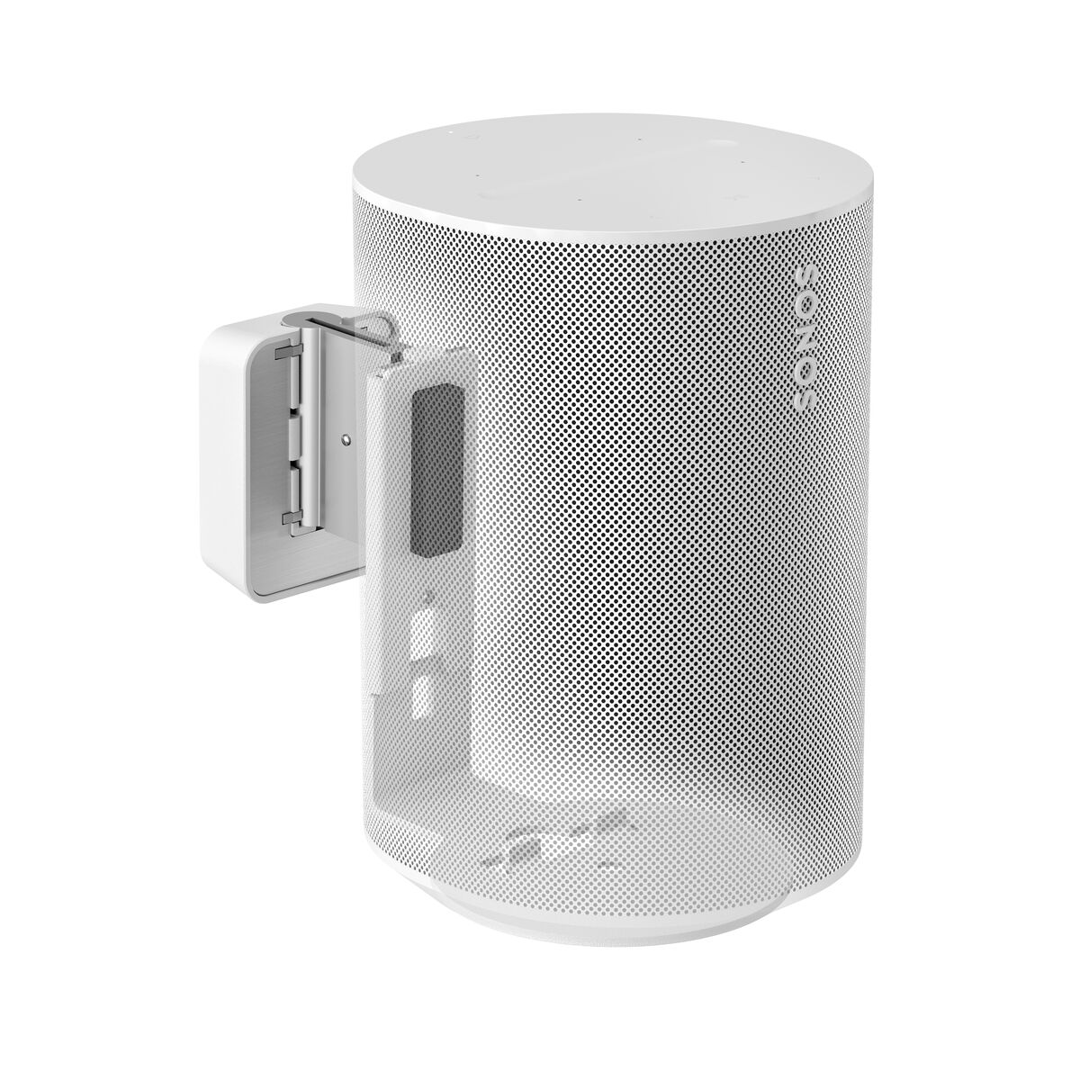 Ein weißer Sonos-Lautsprecher mit Wandhalterung. Der Lautsprecher ist zylindrisch mit perforierter Oberfläche. Die Halterung ist seitlich befestigt.