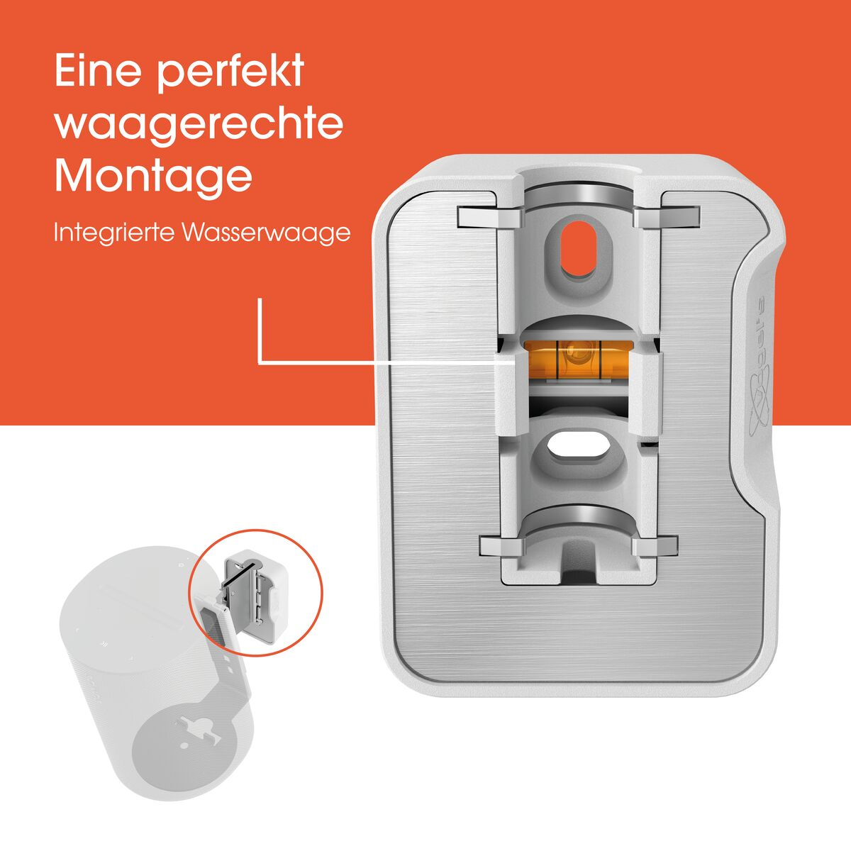 Gezeigt wird eine weiße Wasserwaage mit einer orangefarbenen Blase, einem kleinen Ausschnitt und einer Darstellung der Teile.