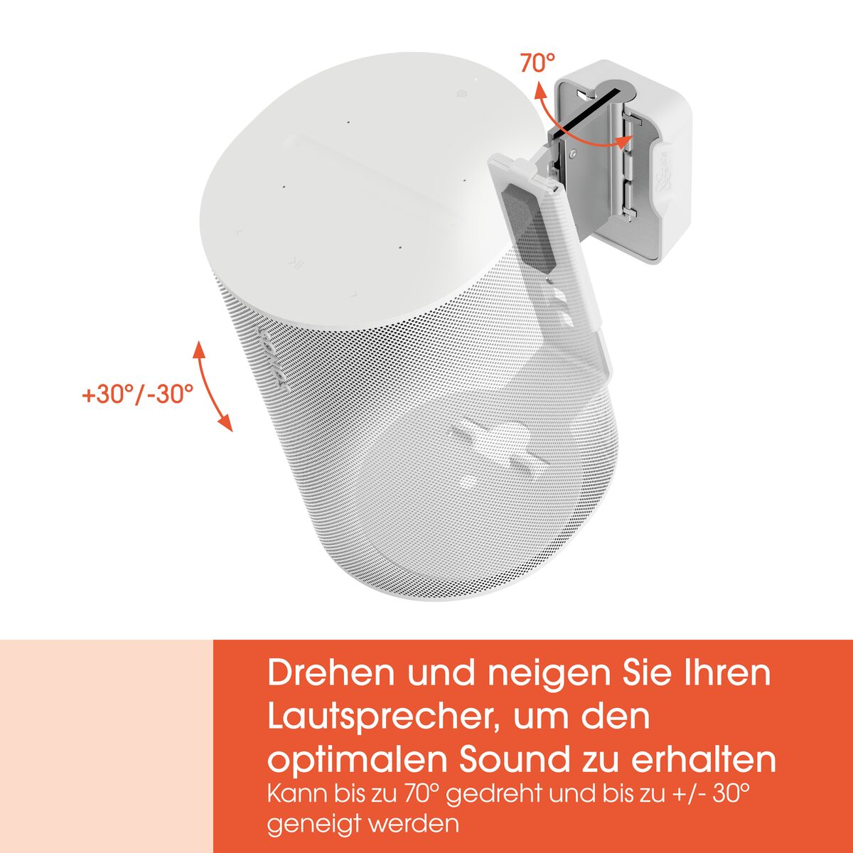 Ein weißer Lautsprecher mit Dreh- und Kippmechanismus, der eine 70-Grad-Drehung und +/-30-Grad-Neigung ermöglicht, um den optimalen Klang zu erhalten.