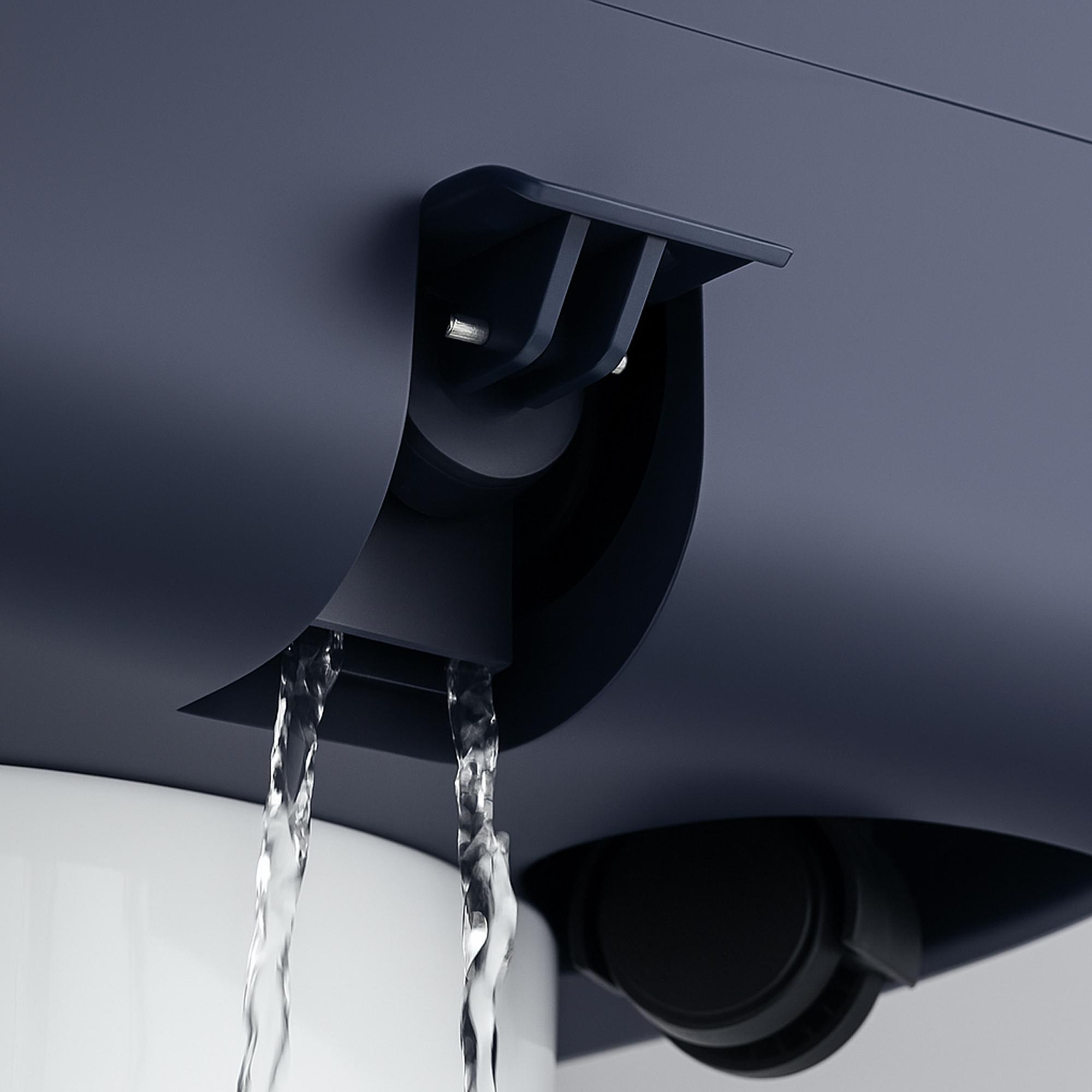 Nahaufnahme einer dunkelblauen Struktur mit herabfließendem Wasser. Weißer Hintergrund, schwarze Details.