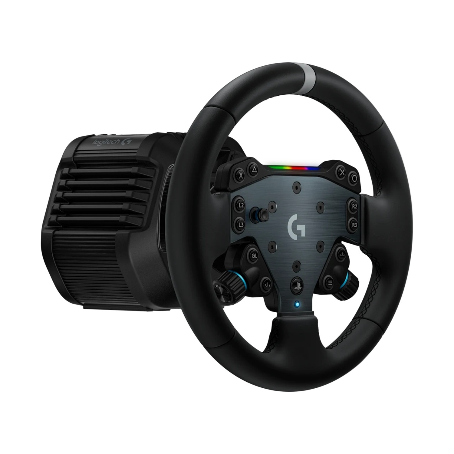 Un volante da corsa Logitech nero con pulsanti, quadranti e un centro grigio. Una base nera è attaccata. Lo sfondo è bianco.