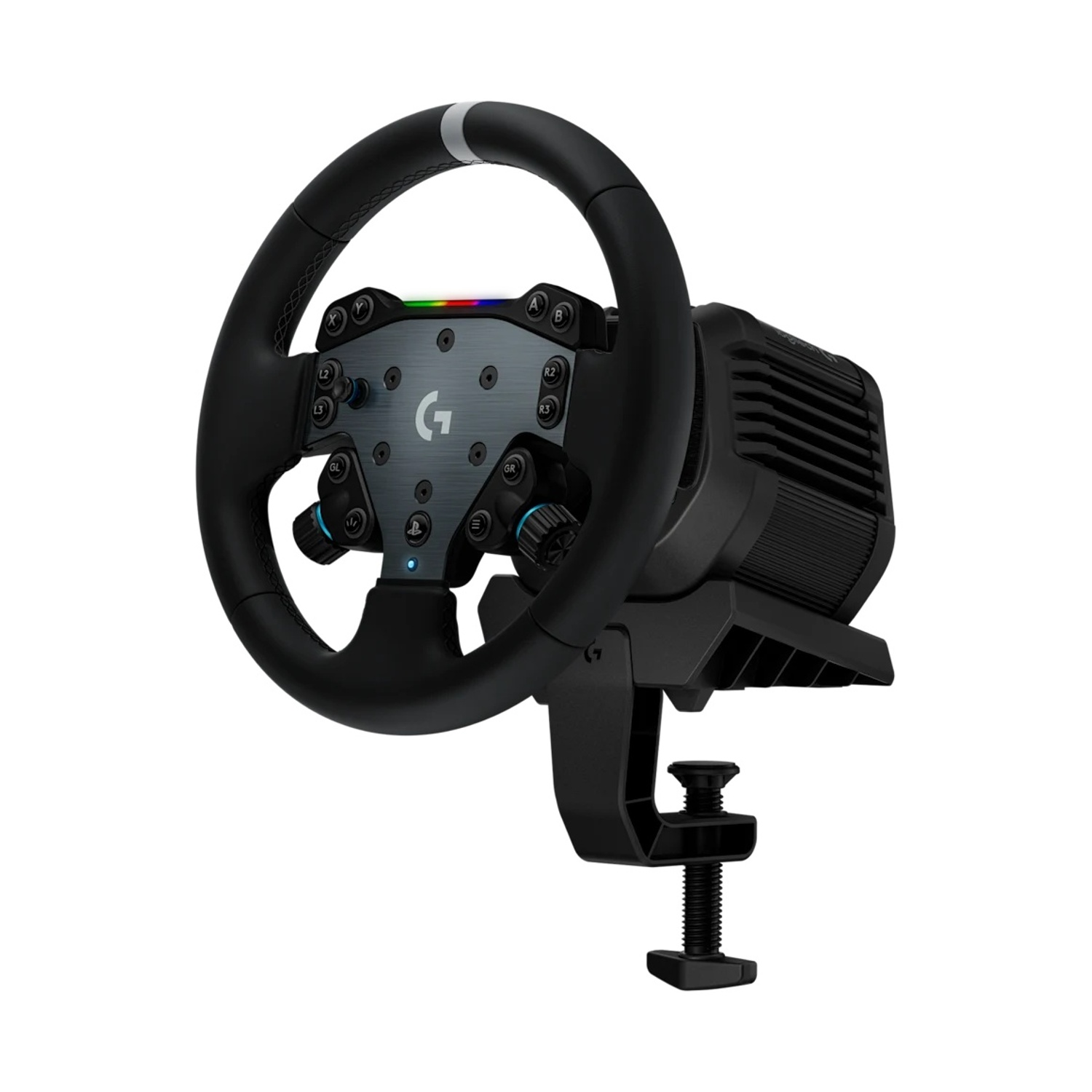 Un volante da corsa nero con pulsanti e una striscia d'argento. È montato su una base nera con un morsetto.