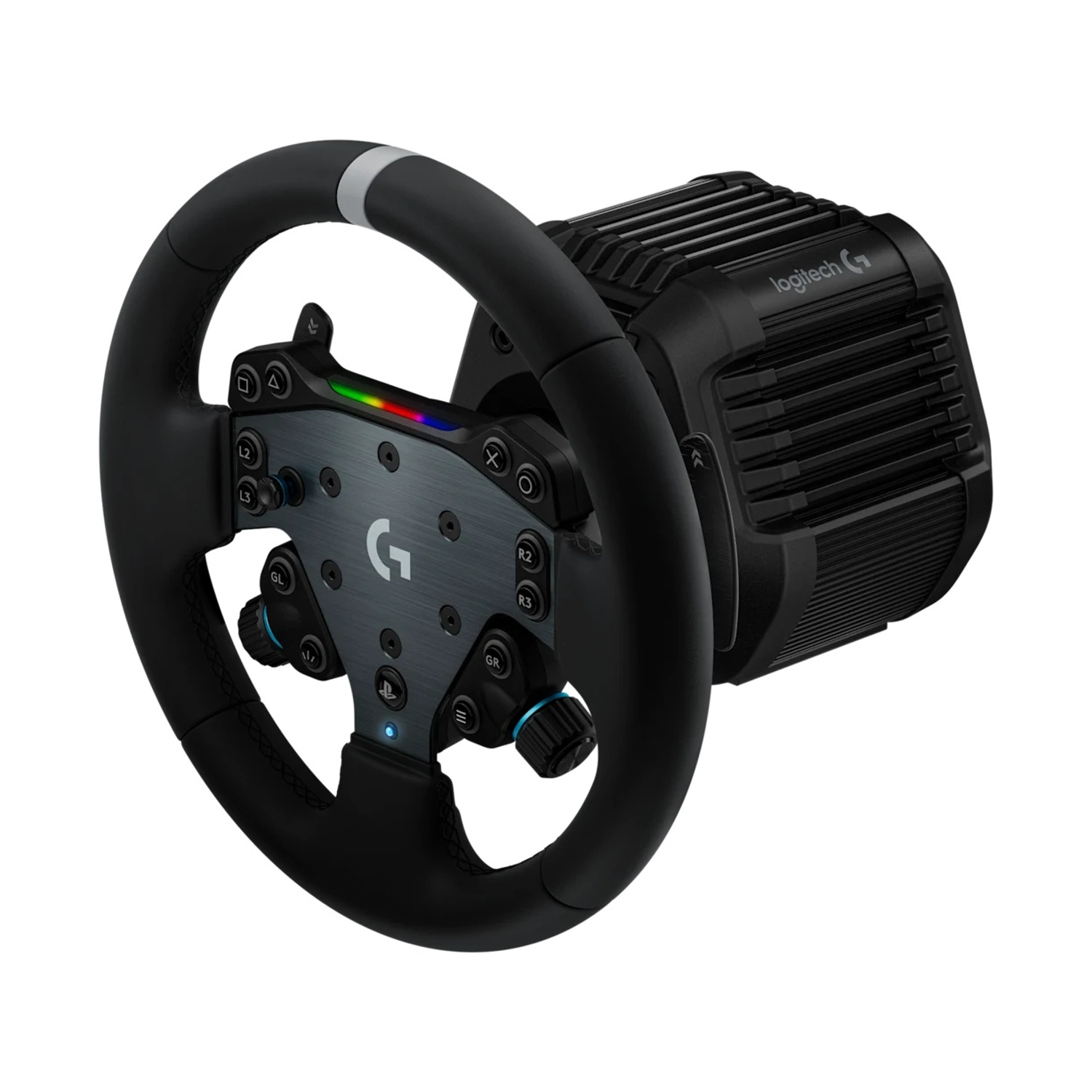 Un volante da corsa Logitech nero. Ha molti pulsanti, una striscia luminosa colorata e un alloggiamento motore sul retro.