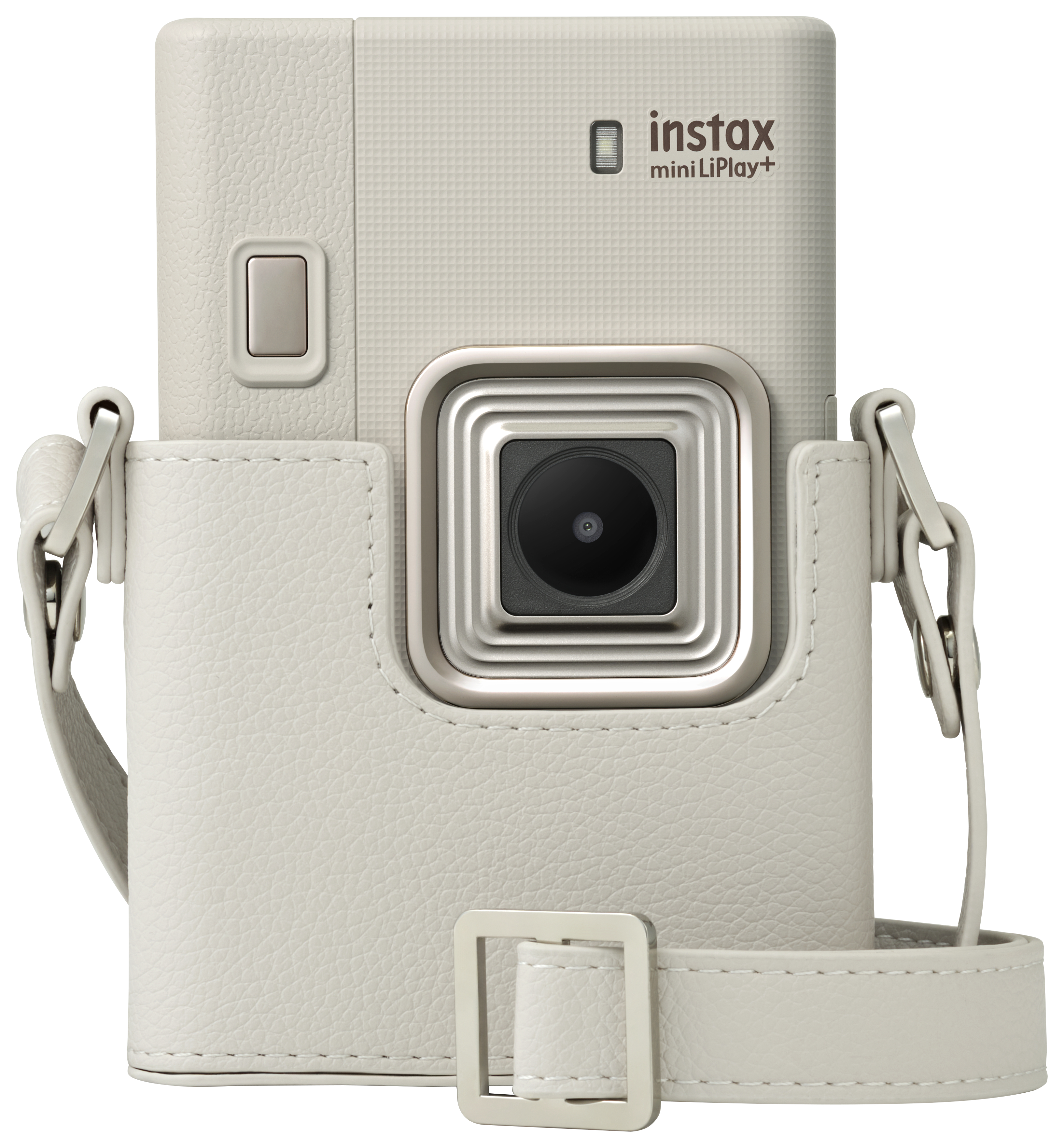Cremefarbene Instax-Kamera mit Lederetui und Riemen. Kamera hat ein Objektiv und einen Knopf. Das Etui hat eine Schnalle.
