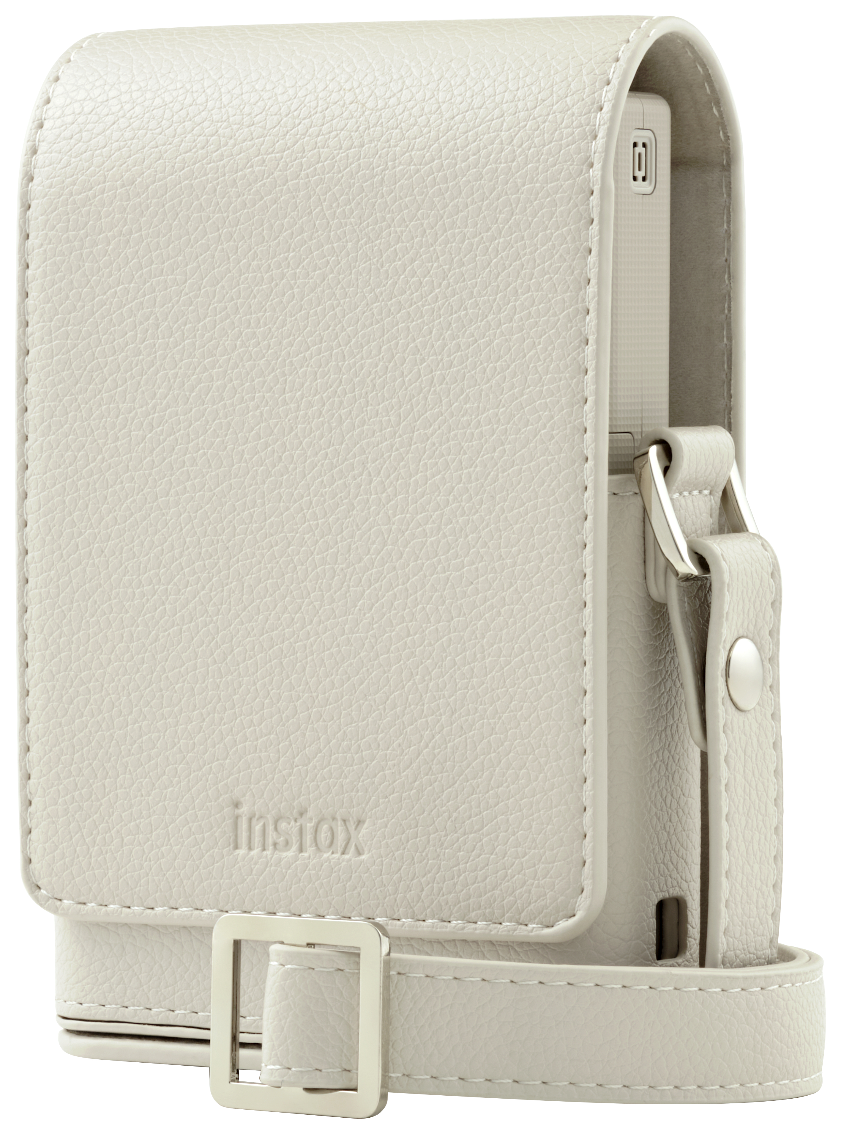 Cremefarbene Instax-Kameratasche mit Schulterriemen, silberner Schnalle und Instax-Logo.