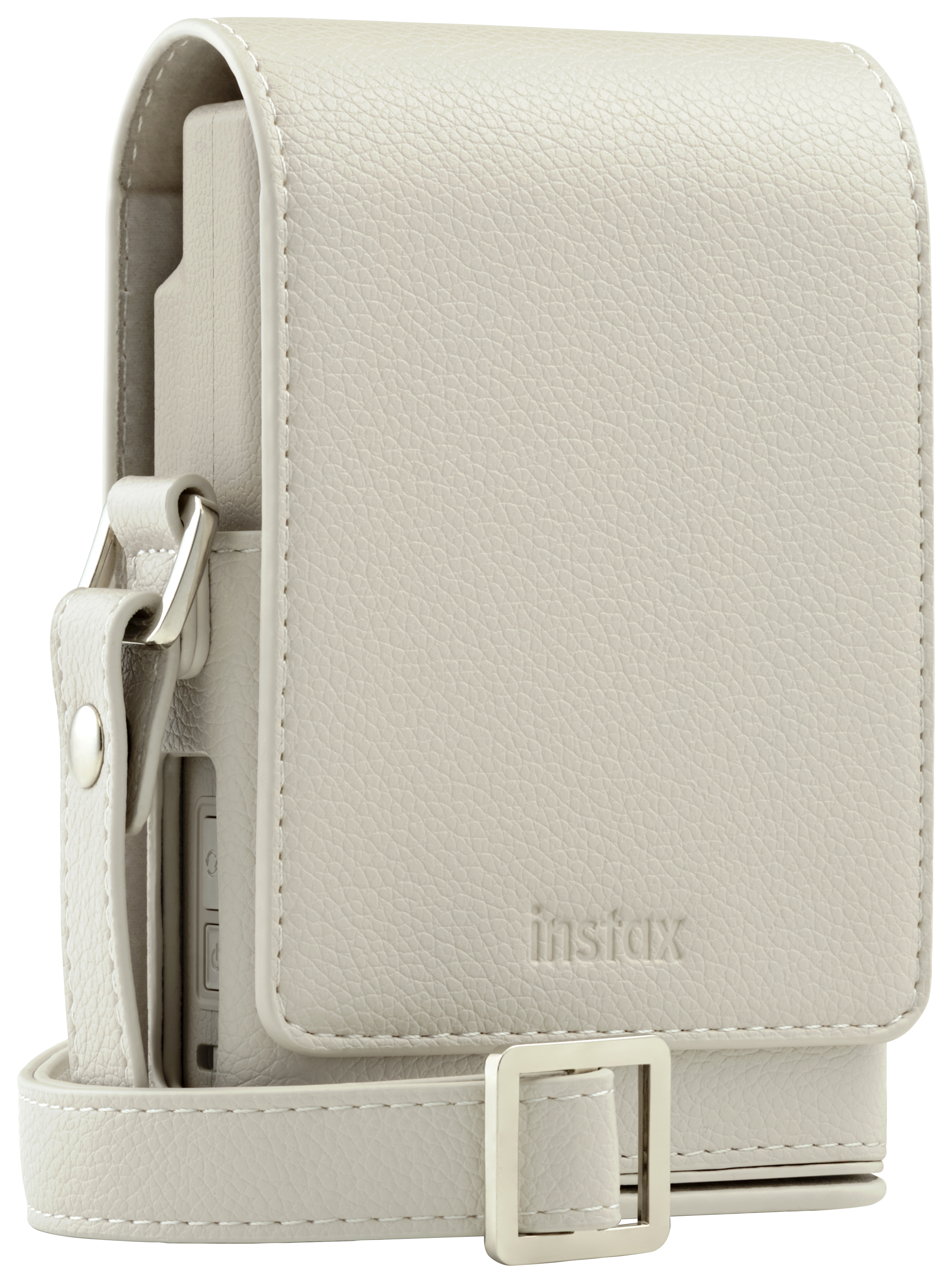 Cremefarbene Instax-Kameratasche mit Schulterriemen und Metallschnalle. Die Tasche hat das Instax-Logo.