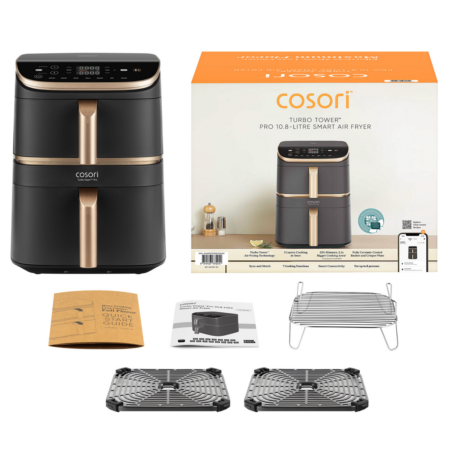 Una freidora de aire Cosori Turbo Tower Pro negra y dorada con accesorios, incluidos manuales y rejillas de cocina.