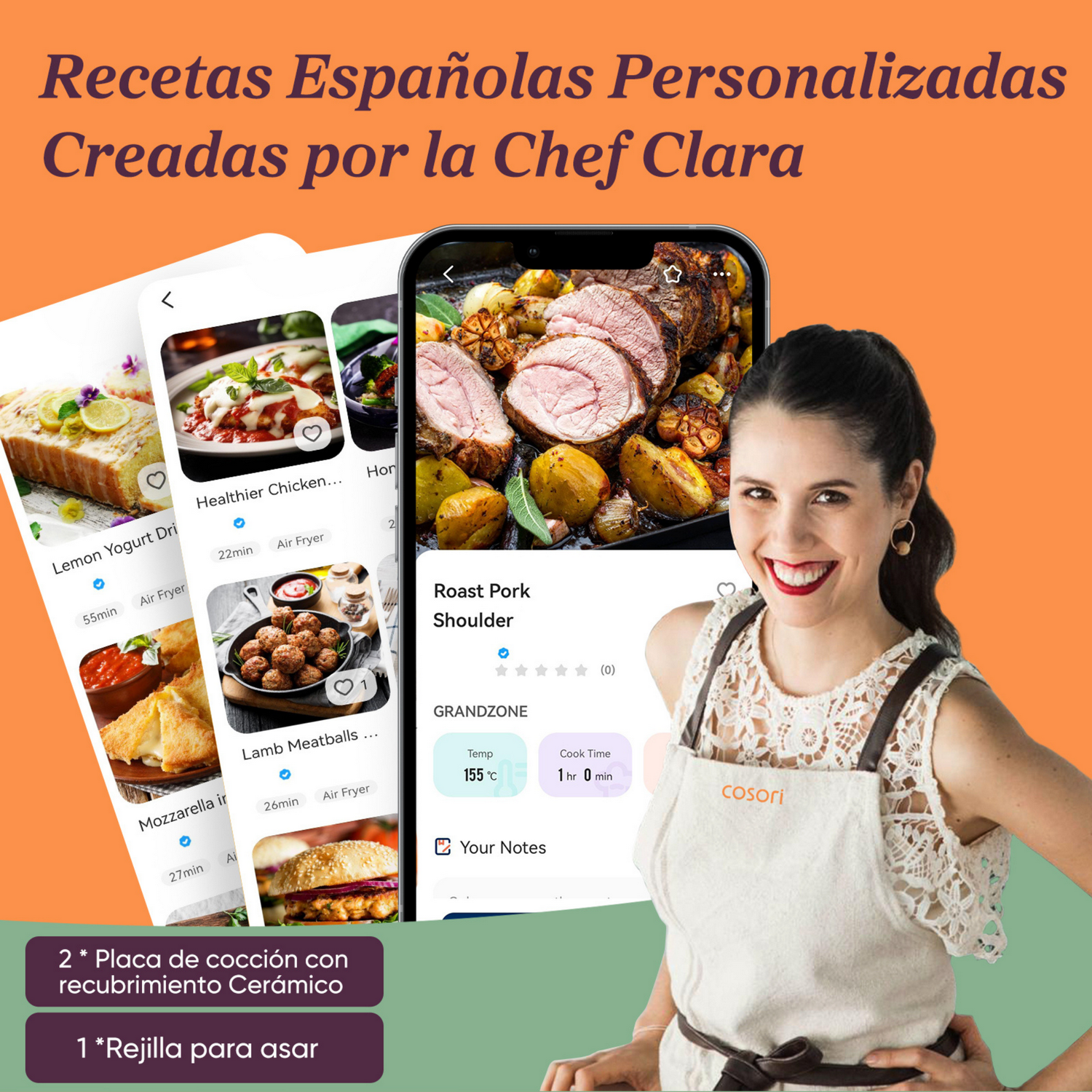 Mujer con delantal junto a pantalla de teléfono con cerdo asado. Otras pantallas muestran recetas. Texto en español. Fondo naranja y verde.
