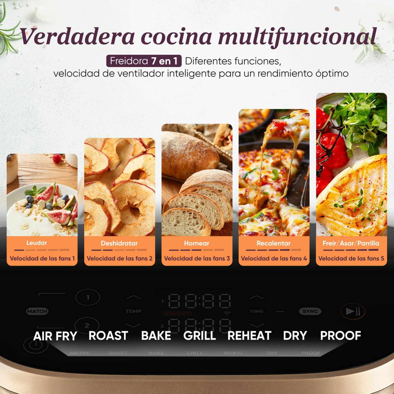 Cocina multifuncional con imágenes de alimentos, incluyendo fruta, pan, pizza y pescado. Tiene una pantalla digital y botones de función.