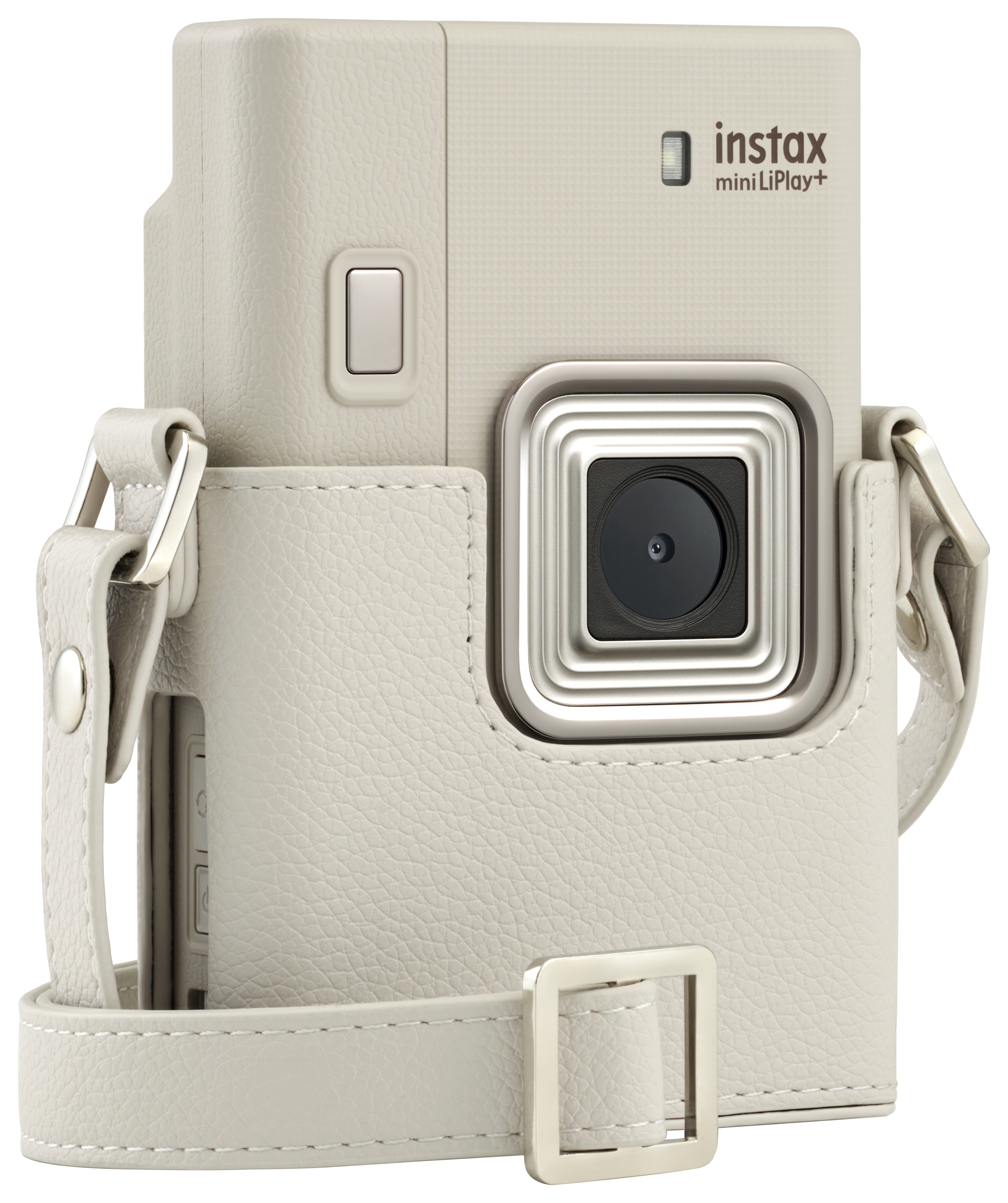 Cremefarbene Instax-Kamera mit Lederetui und Riemen. Kamera hat ein Objektiv und den Markennamen.