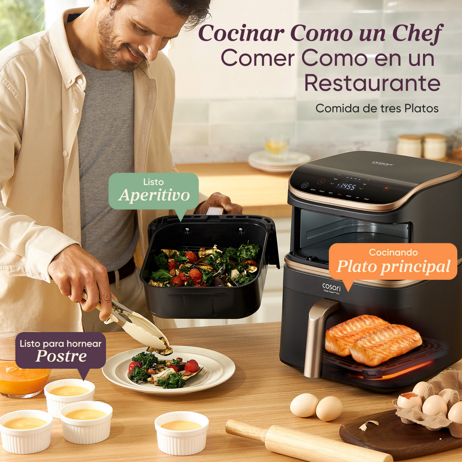 Un hombre cocina con una freidora. Verduras en una cesta, salmón en la freidora y postres se muestran. Texto: Chef, Restaurante, tres platos.