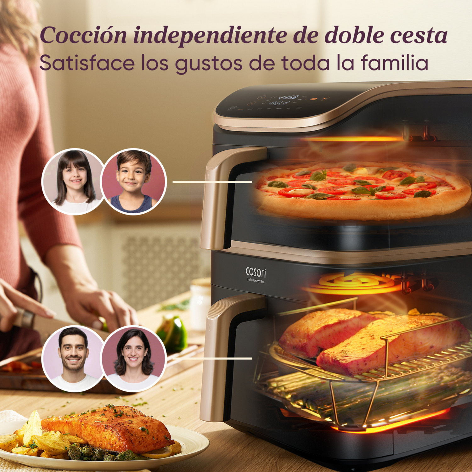 Una freidora de aire con pizza y salmón cocinándose. Se muestran rostros de personas. Una persona corta verduras.