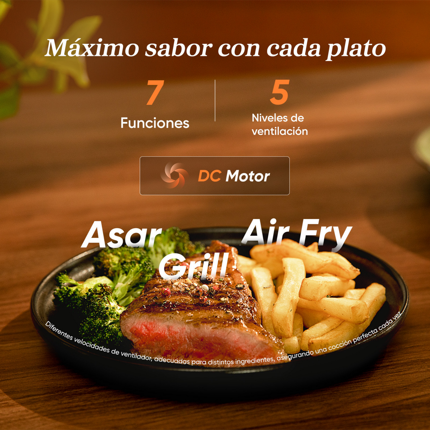 La imagen muestra bistec a la parrilla, brócoli y papas fritas en un plato. El texto incluye 'Asar', 'Grill', 'Air Fry' y los números 7 y 5.