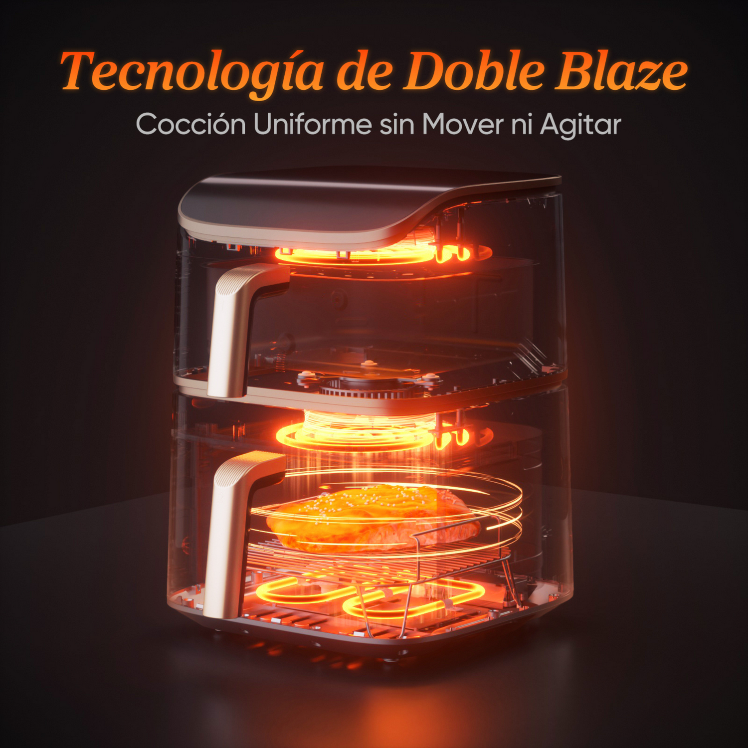 Una freidora de aire con comida adentro, brillando con luz naranja. Tiene dos niveles y texto arriba en español.
