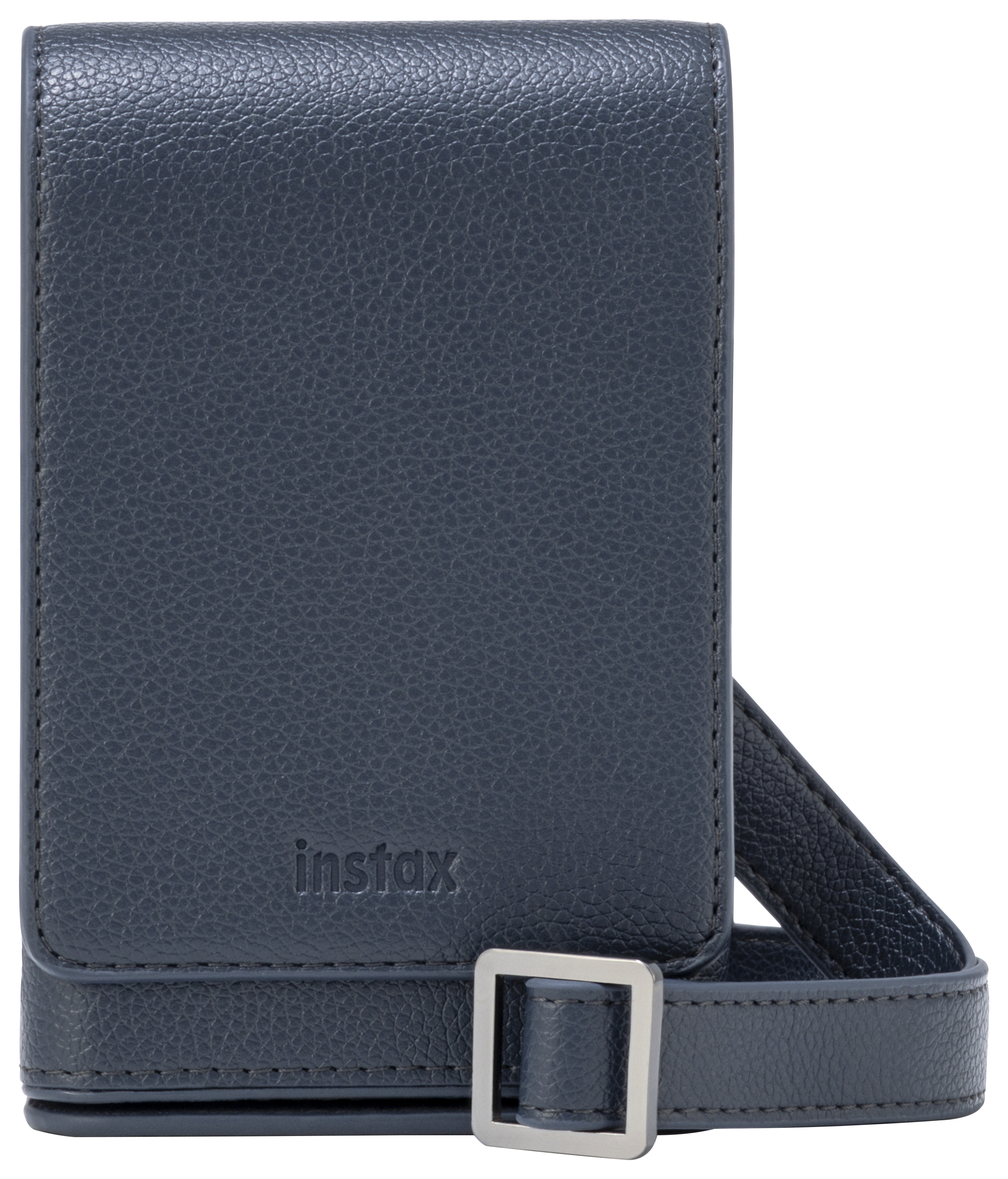 Eine marineblaue Instax-Kameratasche mit Riemen und Schnalle. Die Tasche hat eine lederartige Textur.