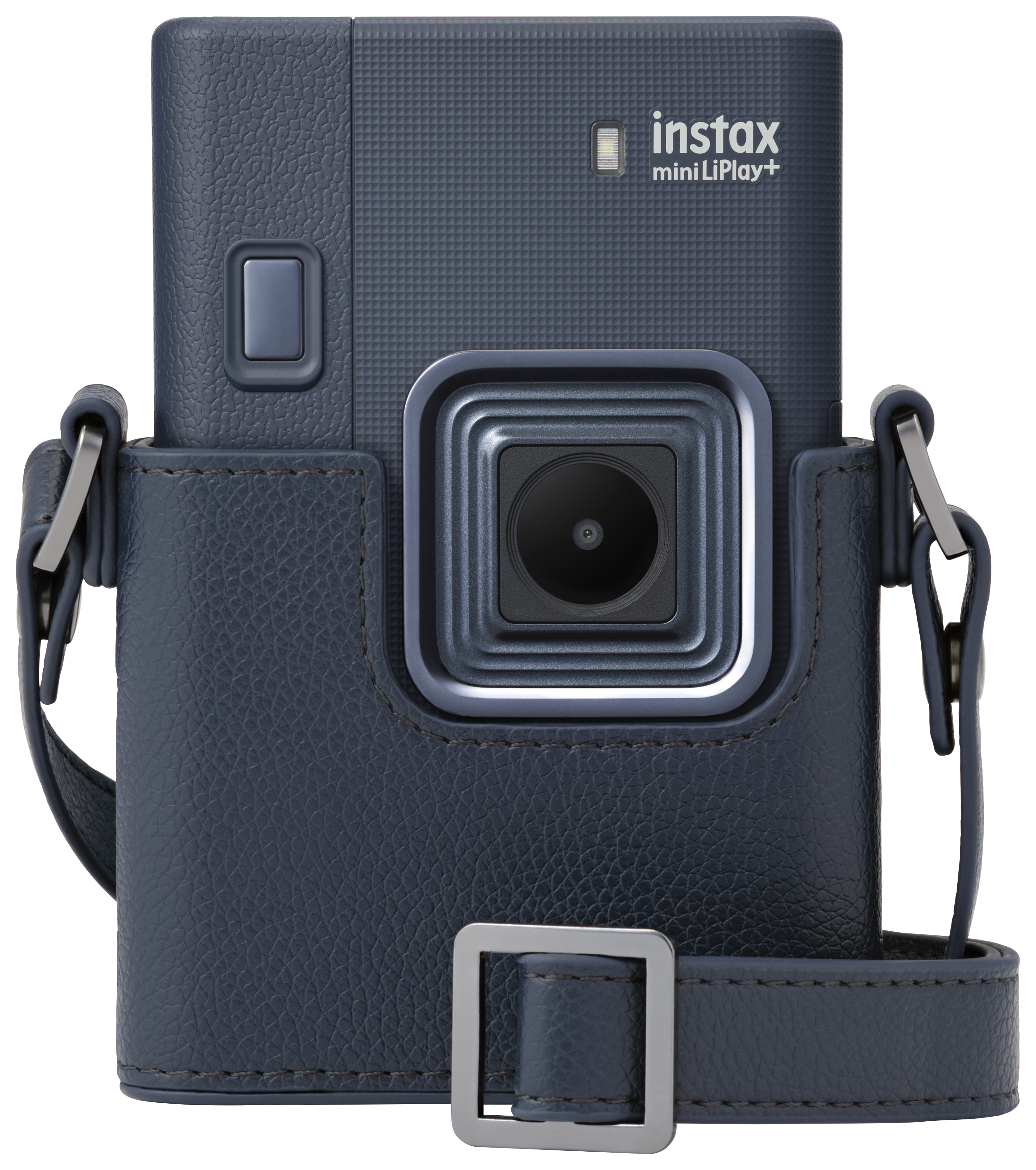 Blaue Instax-Kamera in einer Hülle mit Riemen. Metallakzente. Strukturierte Oberfläche.