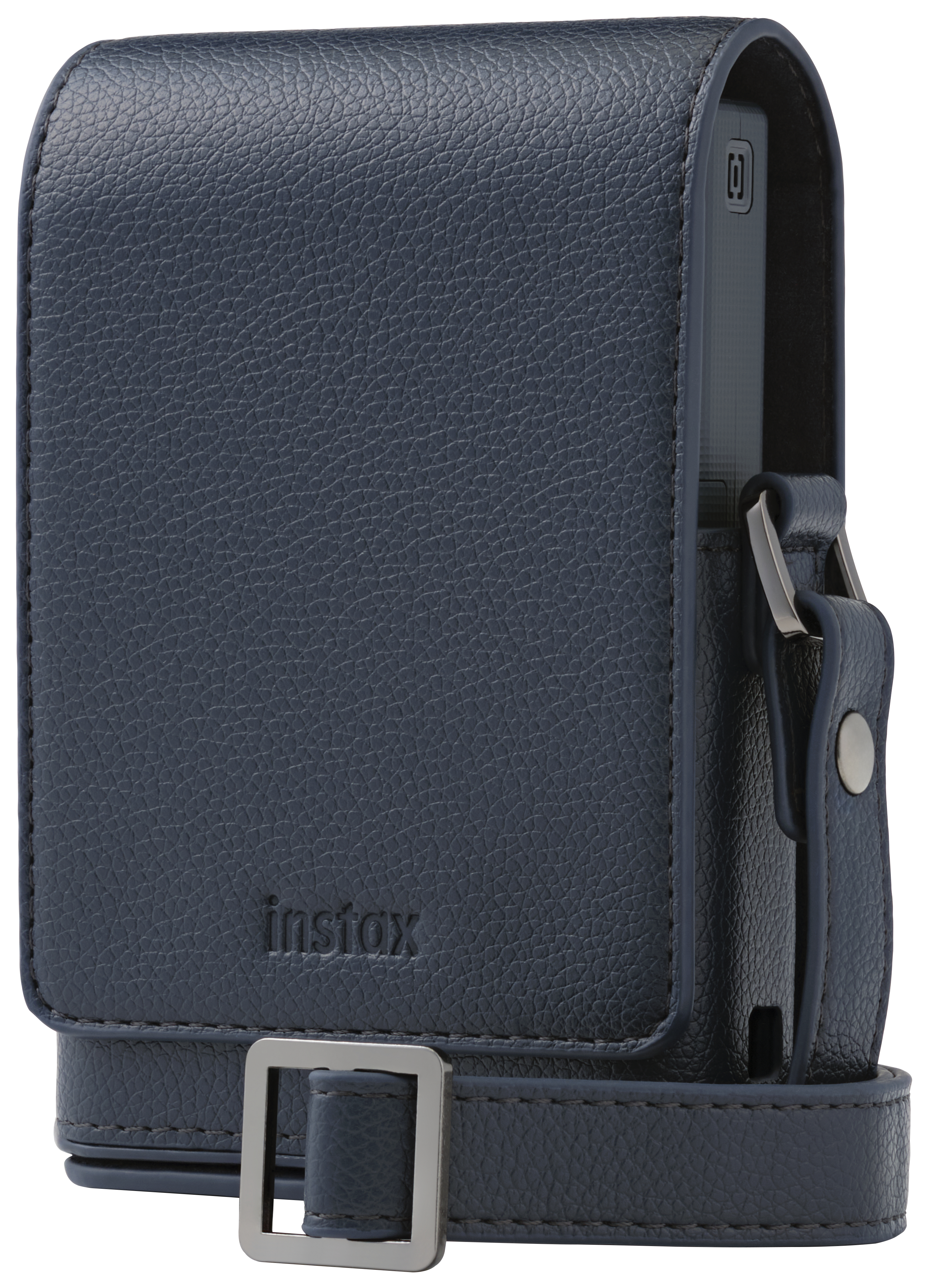 Navyblaues Leder-Instax-Kameragehäuse mit Riemen und Schnalle. Das Gehäuse ist mit dem Instax-Logo geprägt.