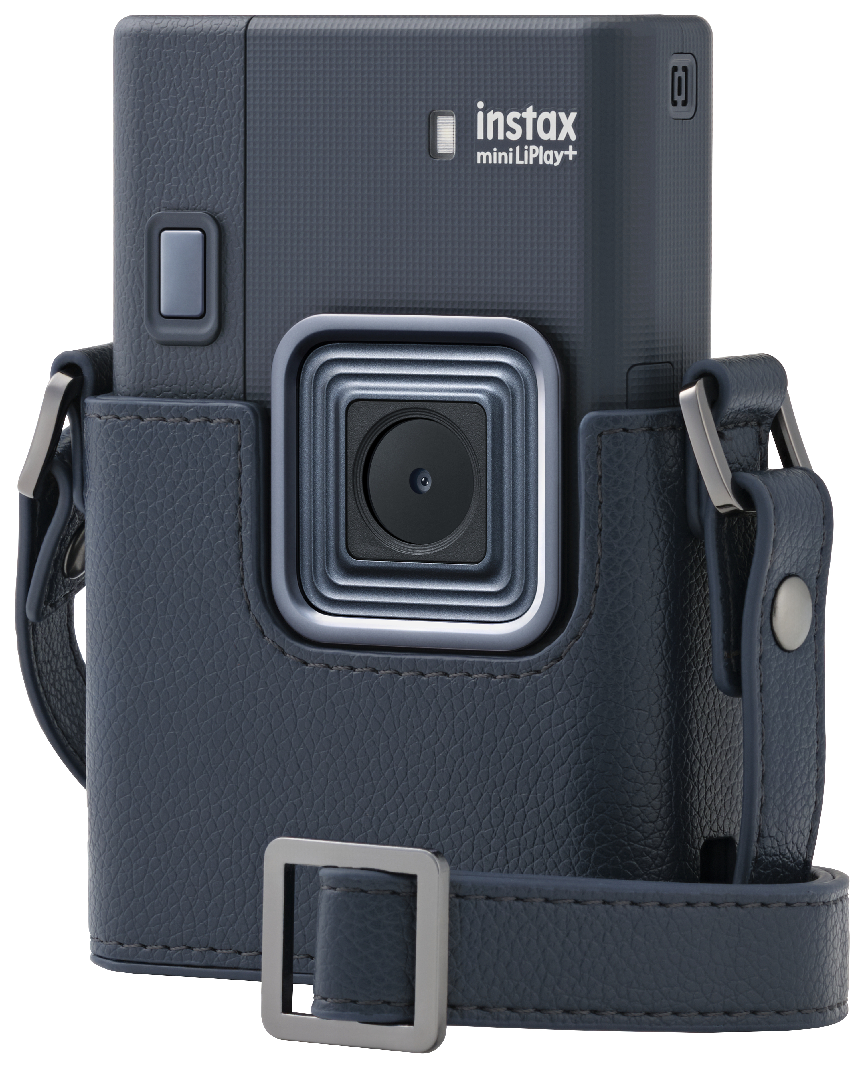 Eine blaue Instax-Kamera in einer Hülle mit einem Riemen. Die Hülle hat eine strukturierte Lederoptik. Das Kameraobjektiv ist sichtbar.