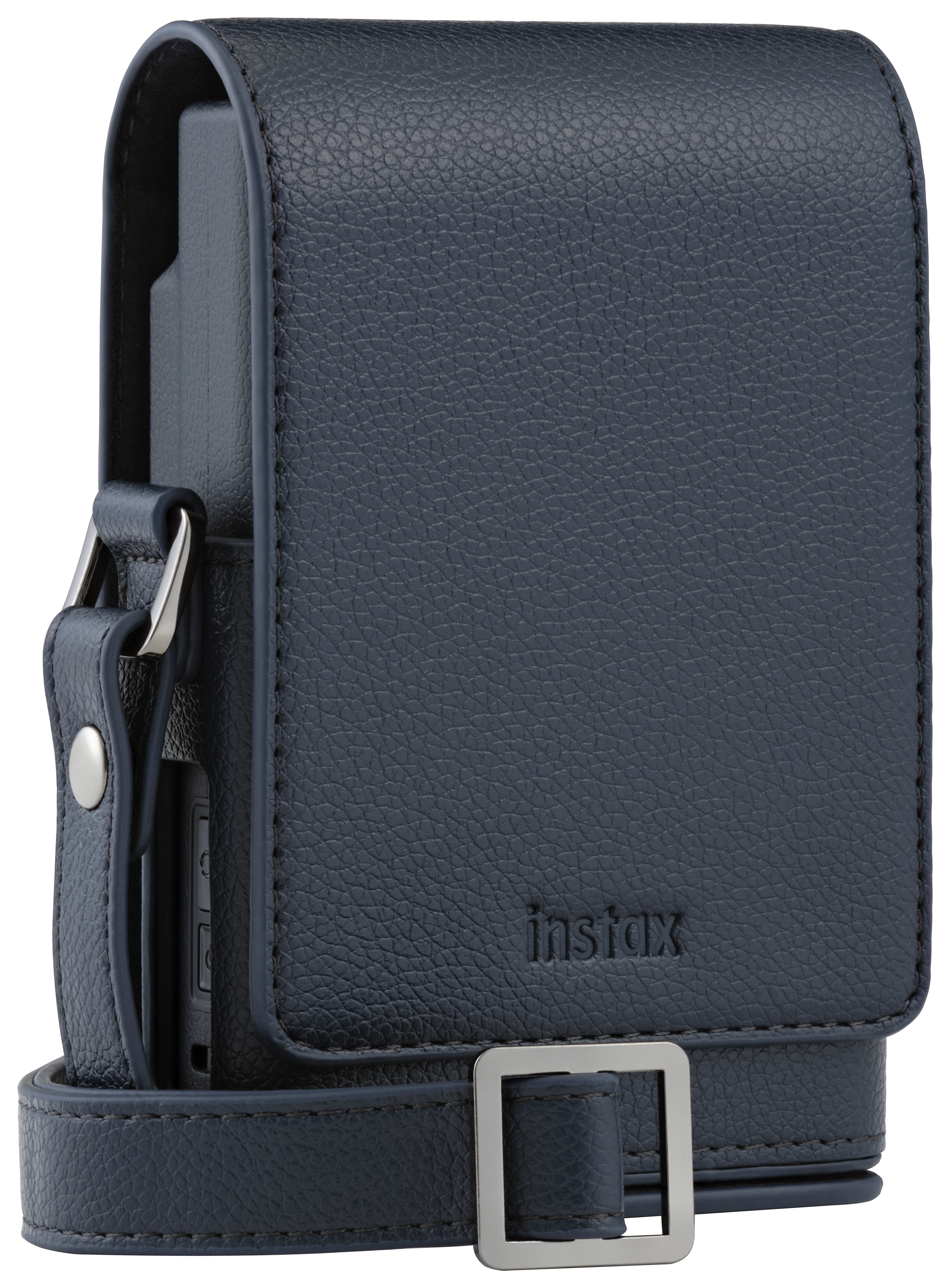 Eine marineblaue Instax-Kameratasche mit Riemen und Schnalle. Die Tasche besteht aus strukturiertem Leder.