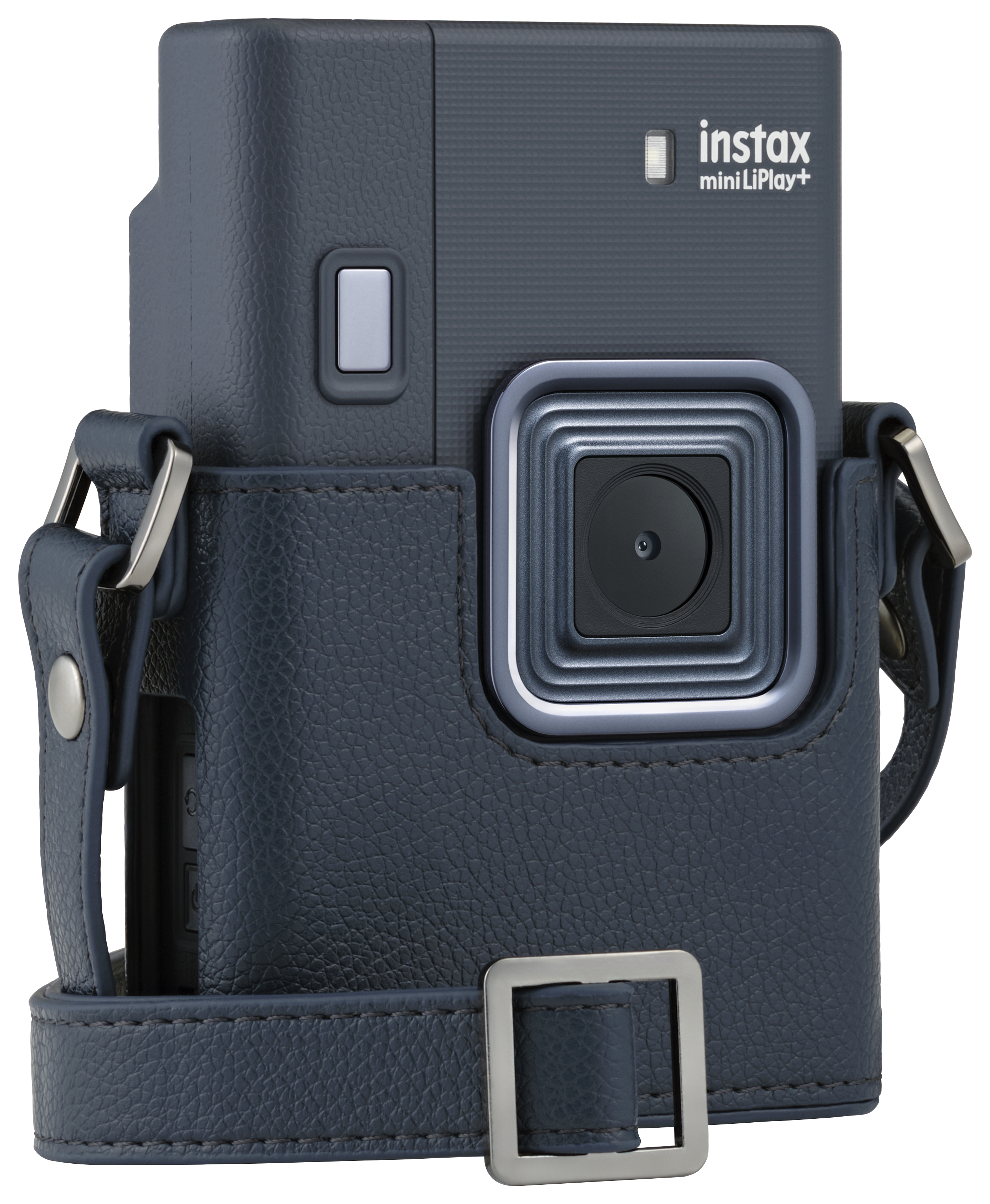 Eine blaue Instax-Kamera in einer Hülle mit Riemen. Die Kamera hat ein Objektiv und einen Knopf.