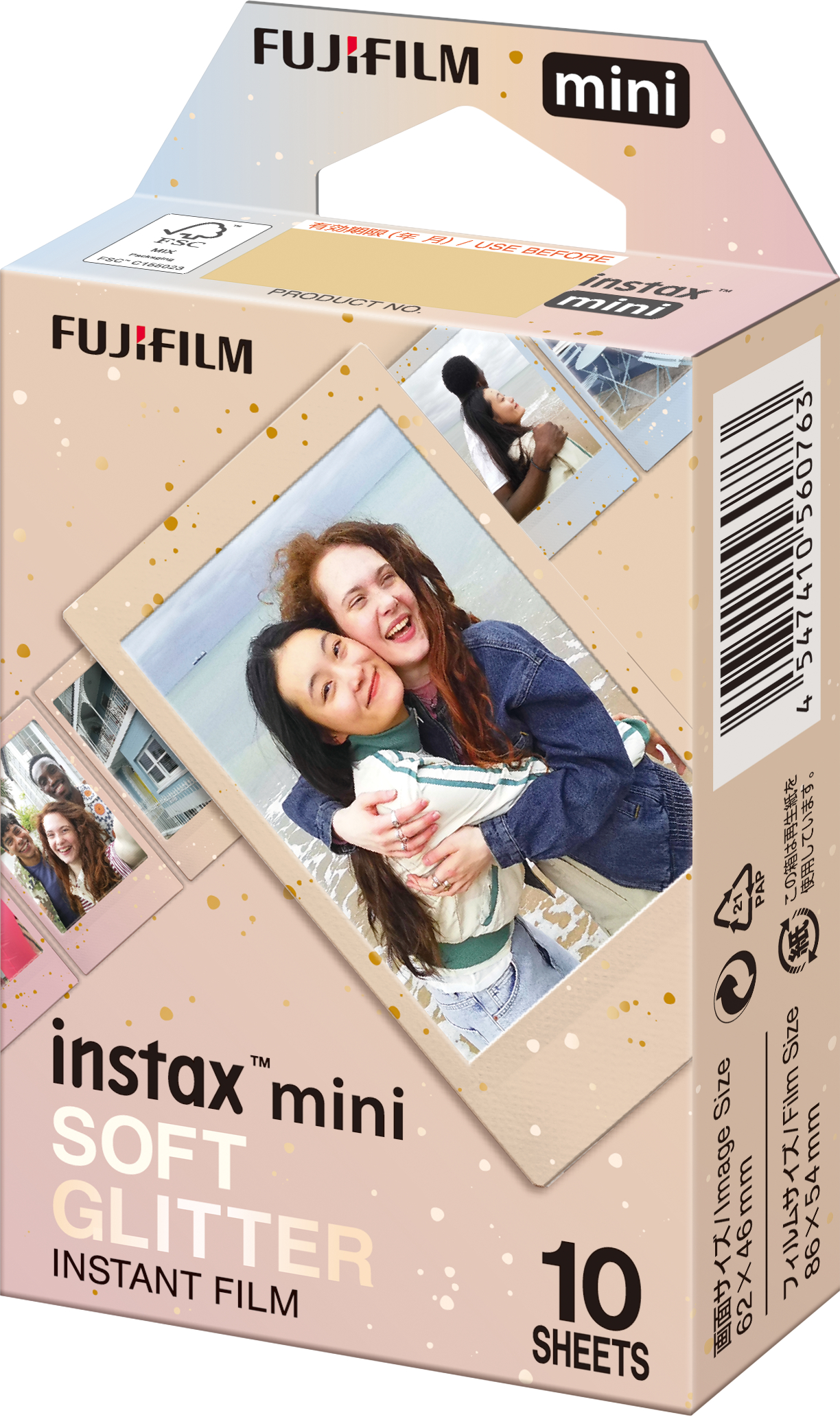 Schachtel mit Fujifilm Instax Mini Film. Sie zeigt Bilder von sich umarmenden und lächelnden Menschen. Sie hat goldene Akzente.
