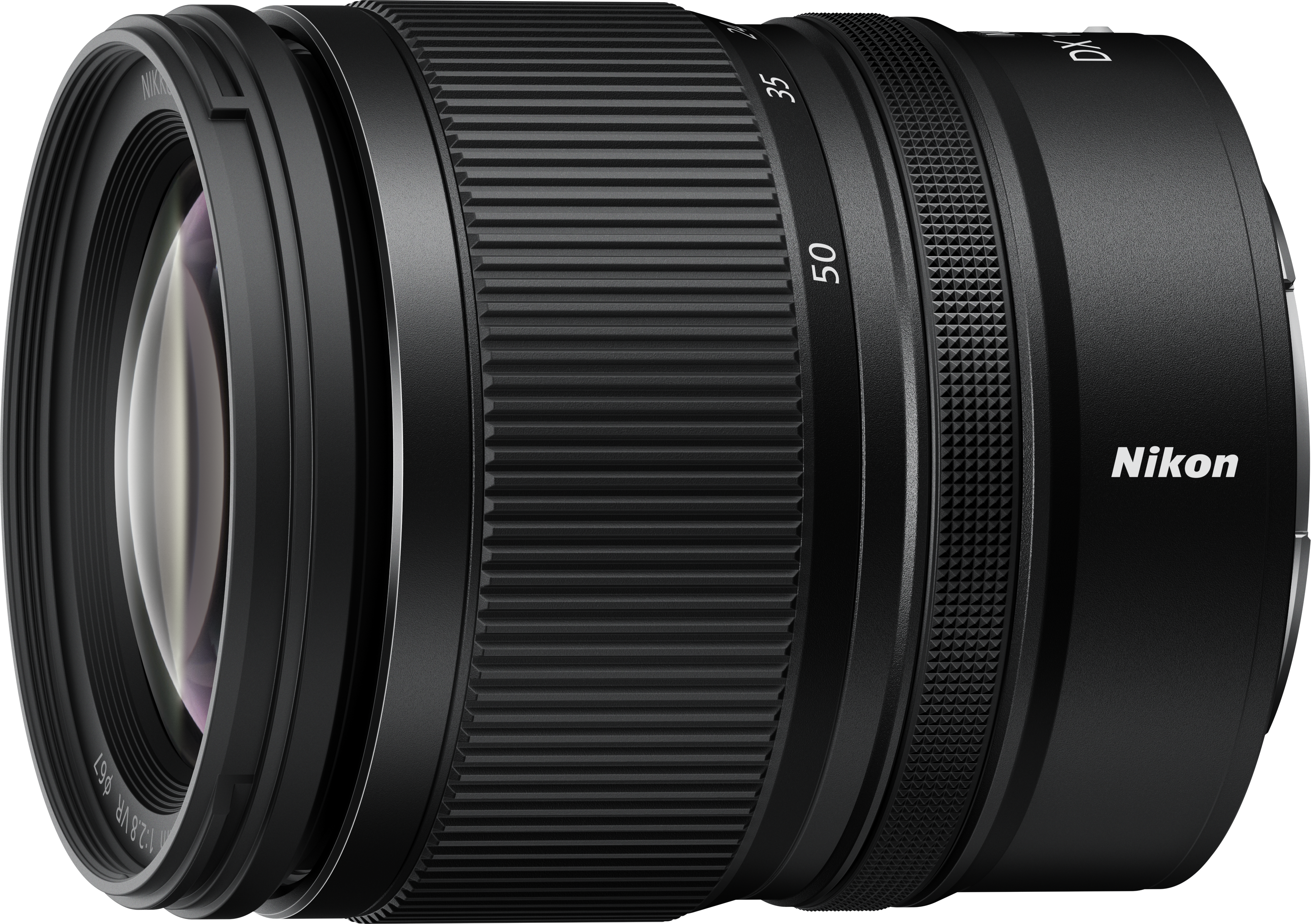 Ein schwarzes Nikon-Kameraobjektiv. Es hat einen geriffelten Fokusring, Markierungen für 35 und 50 und das Nikon-Logo.