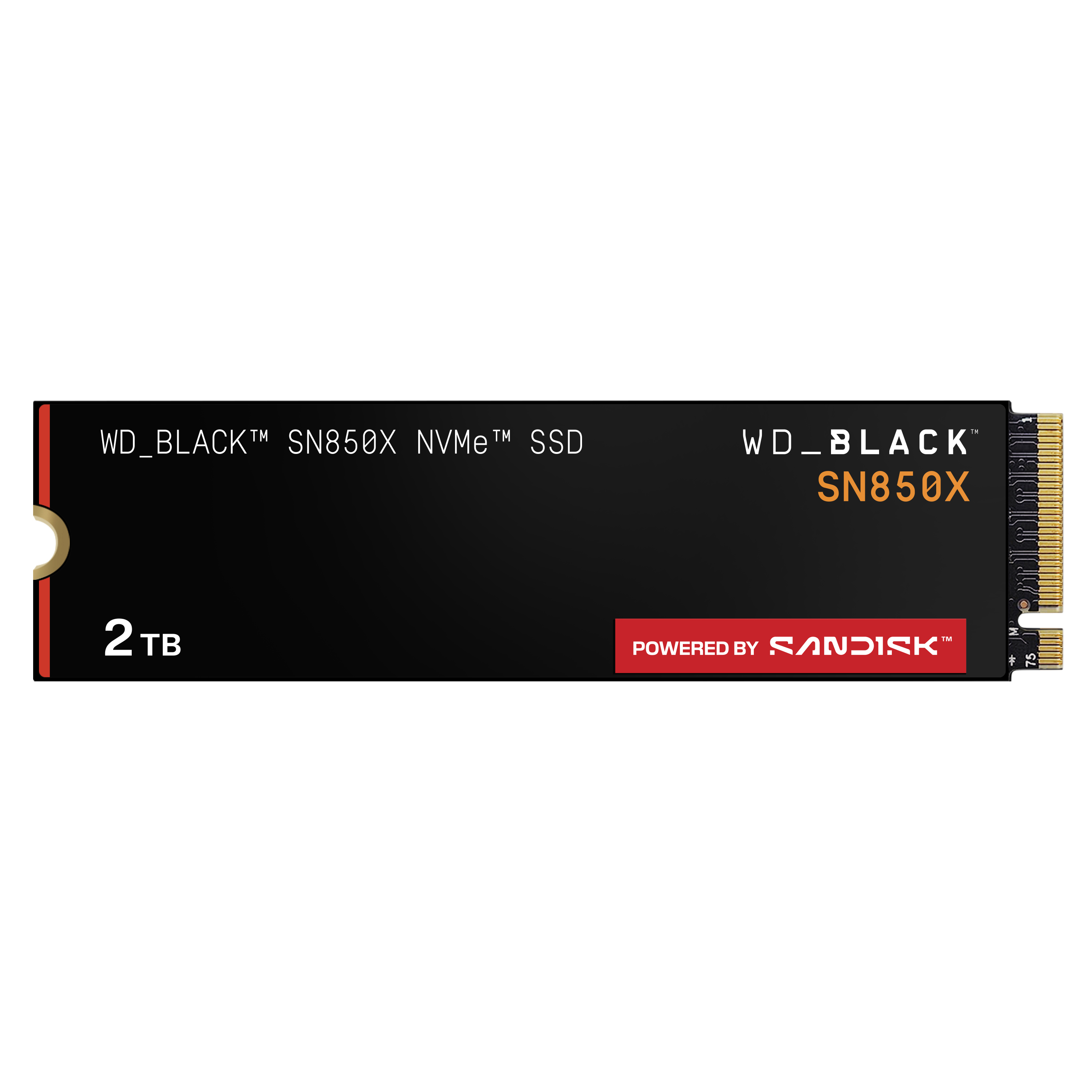 WD_BLACK SN850X NVMe SSD, schwarz. Es hat eine goldene Kante, 2TB Kapazität und ein 'Powered by SANDISK' Logo.