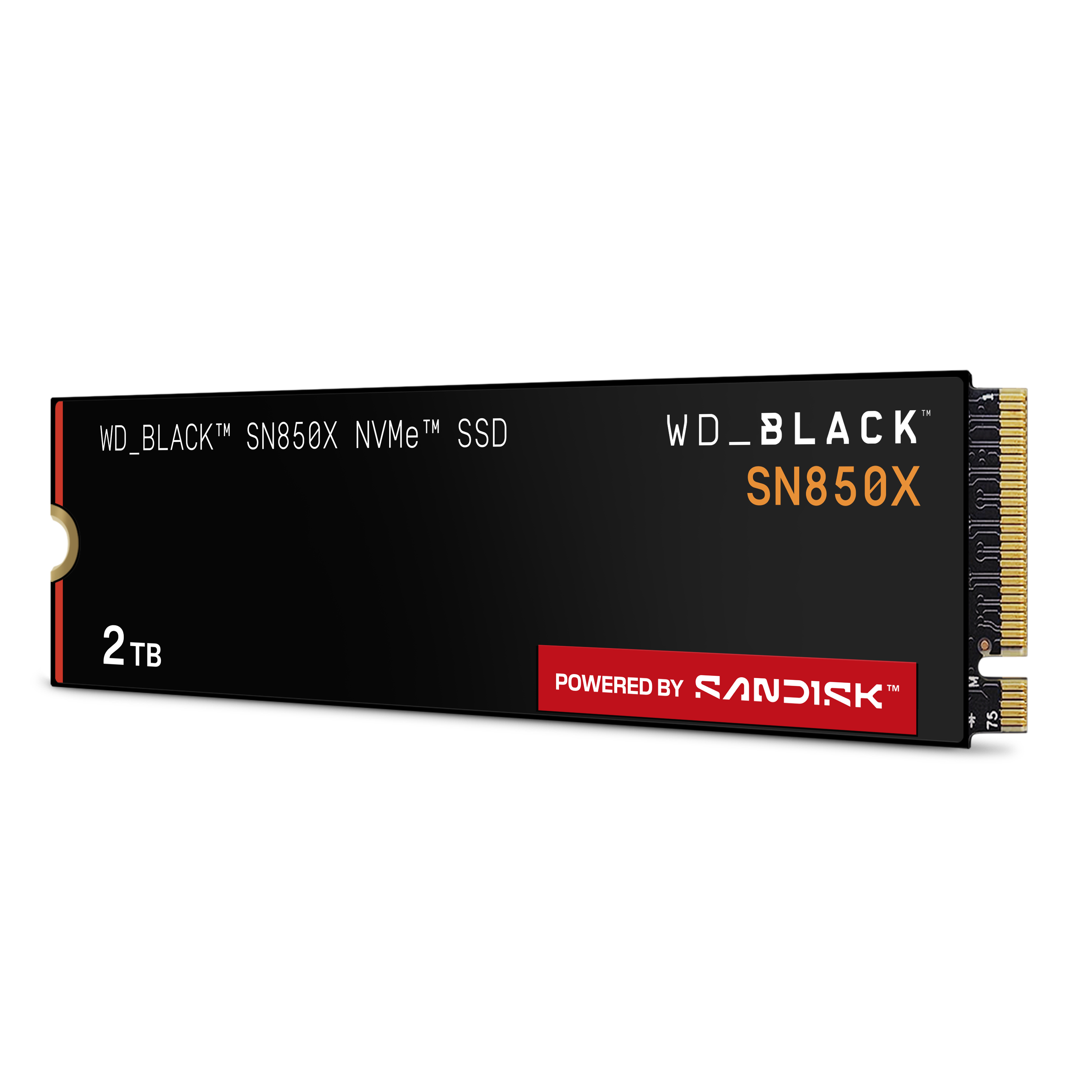 Schwarze NVMe-SSD mit weißem Text. Sie hat Logos von WD_BLACK und SN850X, 2 TB Kapazität und wird von Sandisk betrieben.