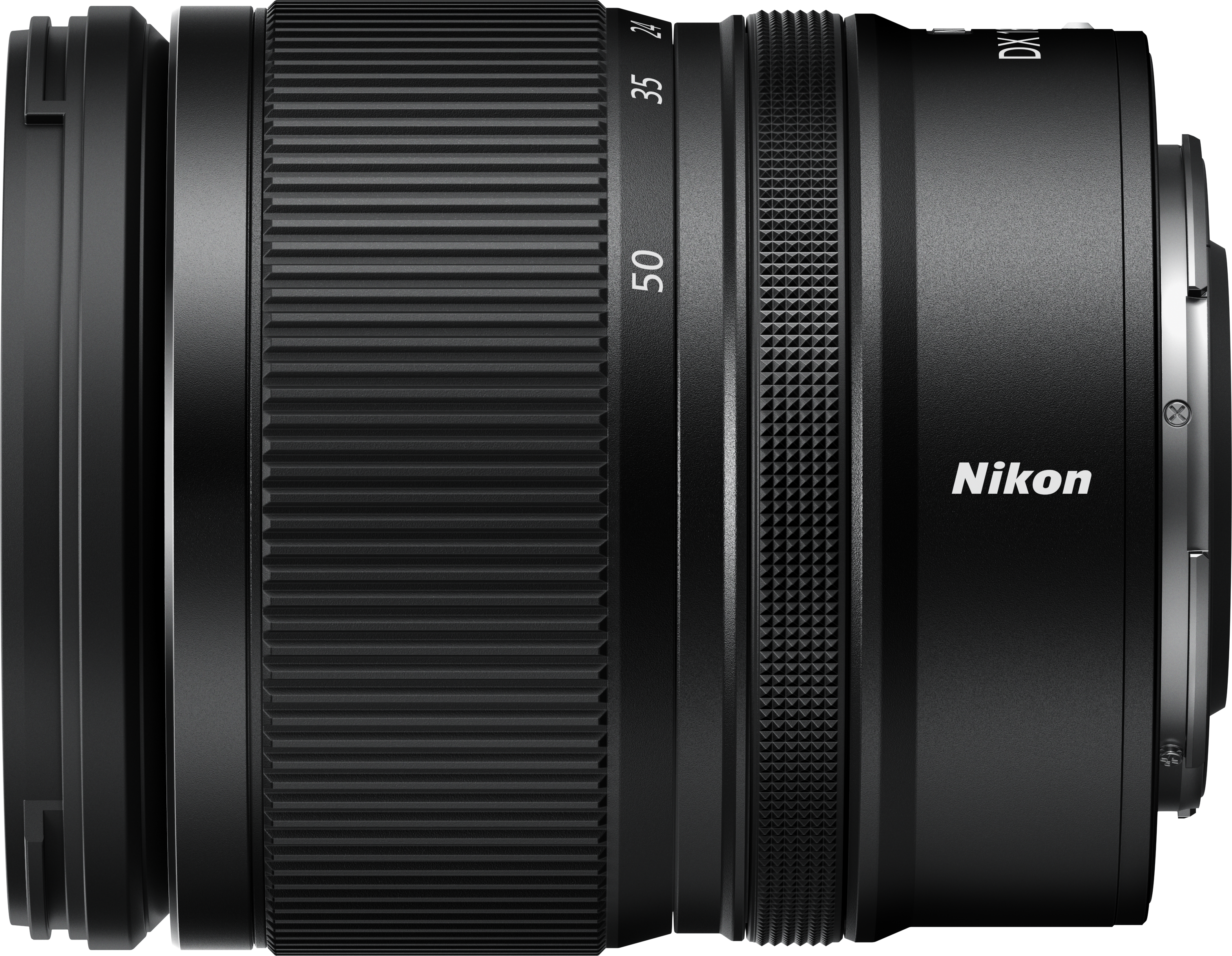 Ein schwarzes Nikon-Kameraobjektiv wird gezeigt. Es hat verschiedene strukturierte Ringe und Markierungen für Brennweiten, mit dem Nikon-Logo.