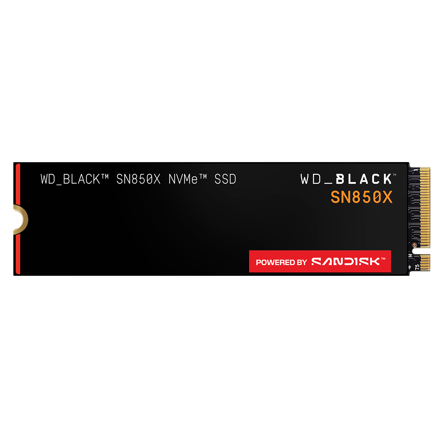 WD_BLACK SN850X NVMe SSD. Schwarzes Laufwerk mit orangefarbenen Akzenten und Goldanschluss. Powered by Sandisk.