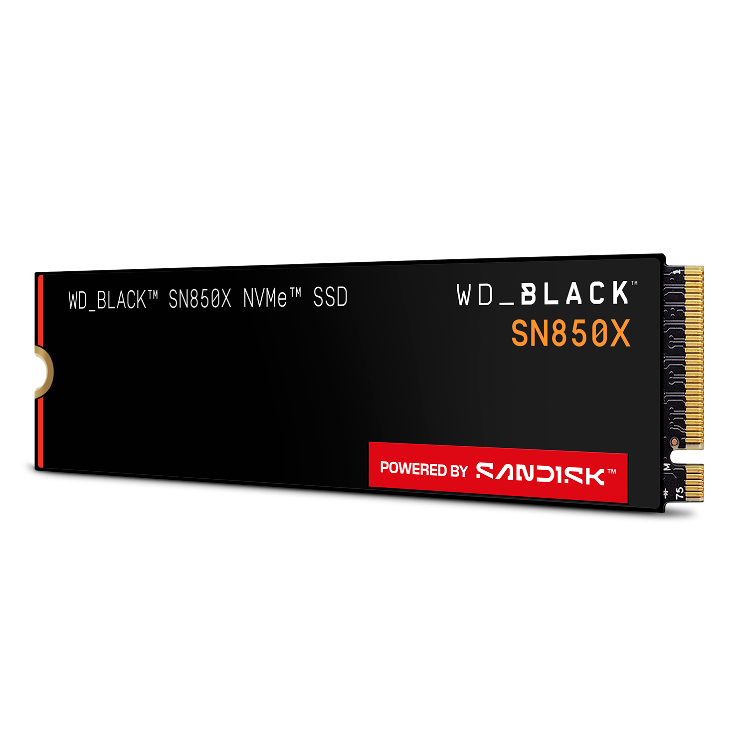 Eine schwarze WD_BLACK SN850X NVMe SSD mit roten Akzenten und dem Sandisk-Logo, auf weißem Hintergrund.