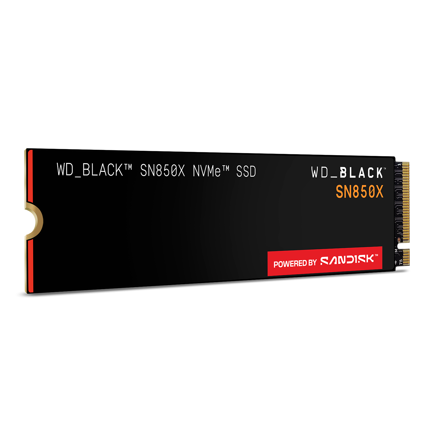 Eine schwarze WD_BLACK SN850X NVMe SSD mit dem Sandisk-Logo. Die SSD hat goldene Anschlüsse und einen roten Streifen.