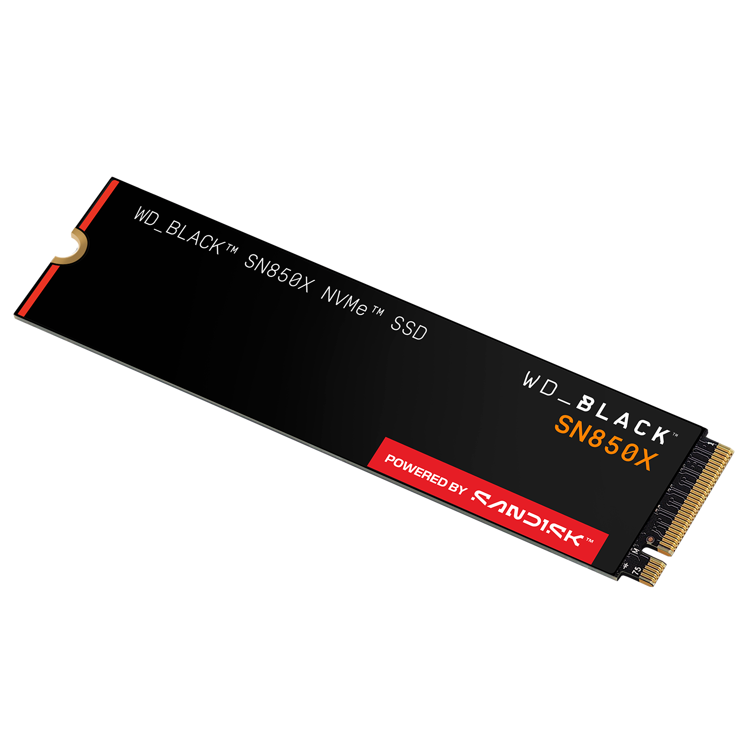 Eine schwarze WD_BLACK SN850X NVMe SSD wird vor weißem Hintergrund gezeigt. Sie hat goldene Anschlüsse und rote Akzente mit Sandisk-Logo.