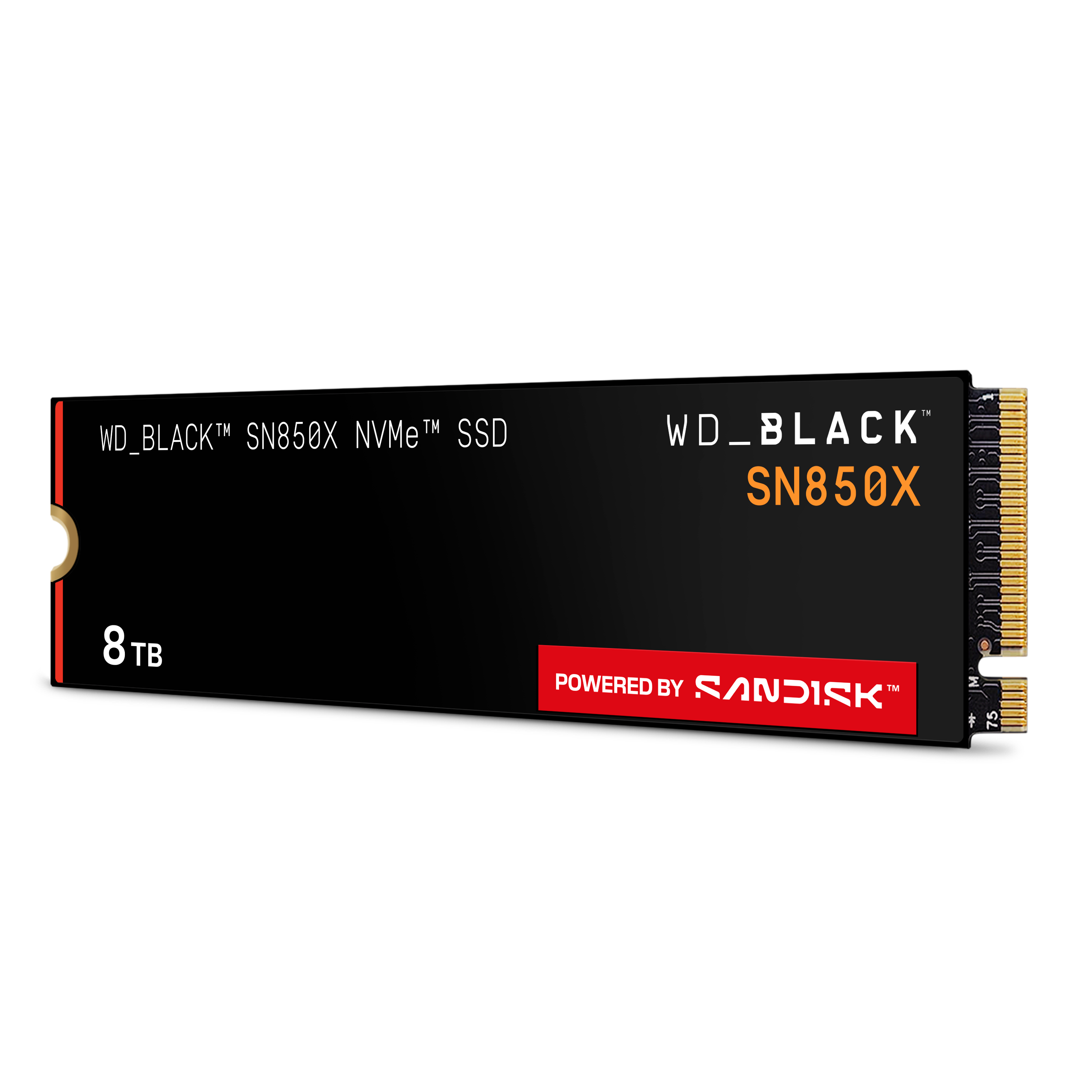 WD_BLACK SN850X SSD. Schwarzes und rotes Design. Enthält 'POWERED BY SANDISK'. Kapazität: 8TB.