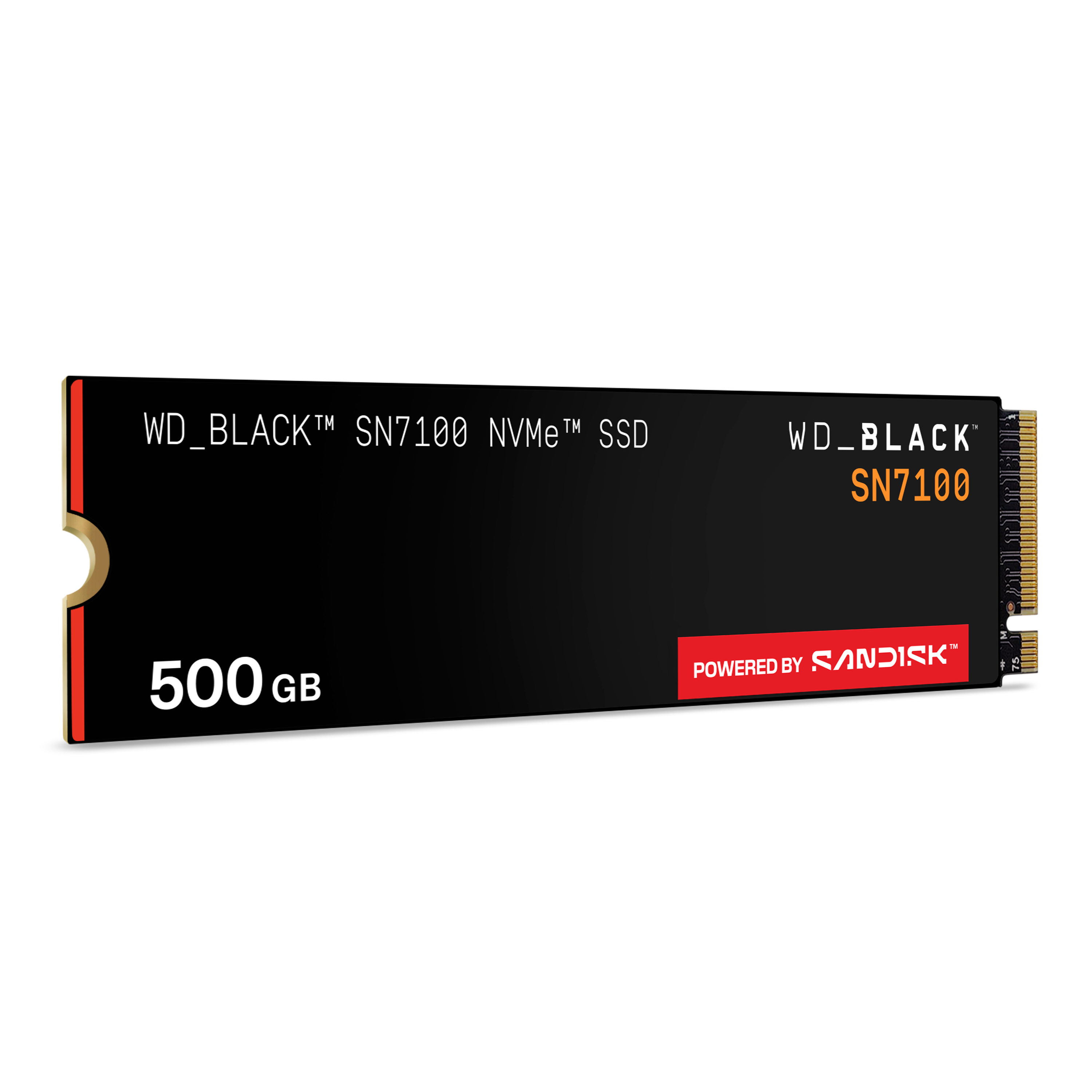 WD Black SN7100 NVMe SSD. Schwarze Karte mit orangefarbenen Akzenten. Zeigt 500 GB Kapazität. Powered by SanDisk.