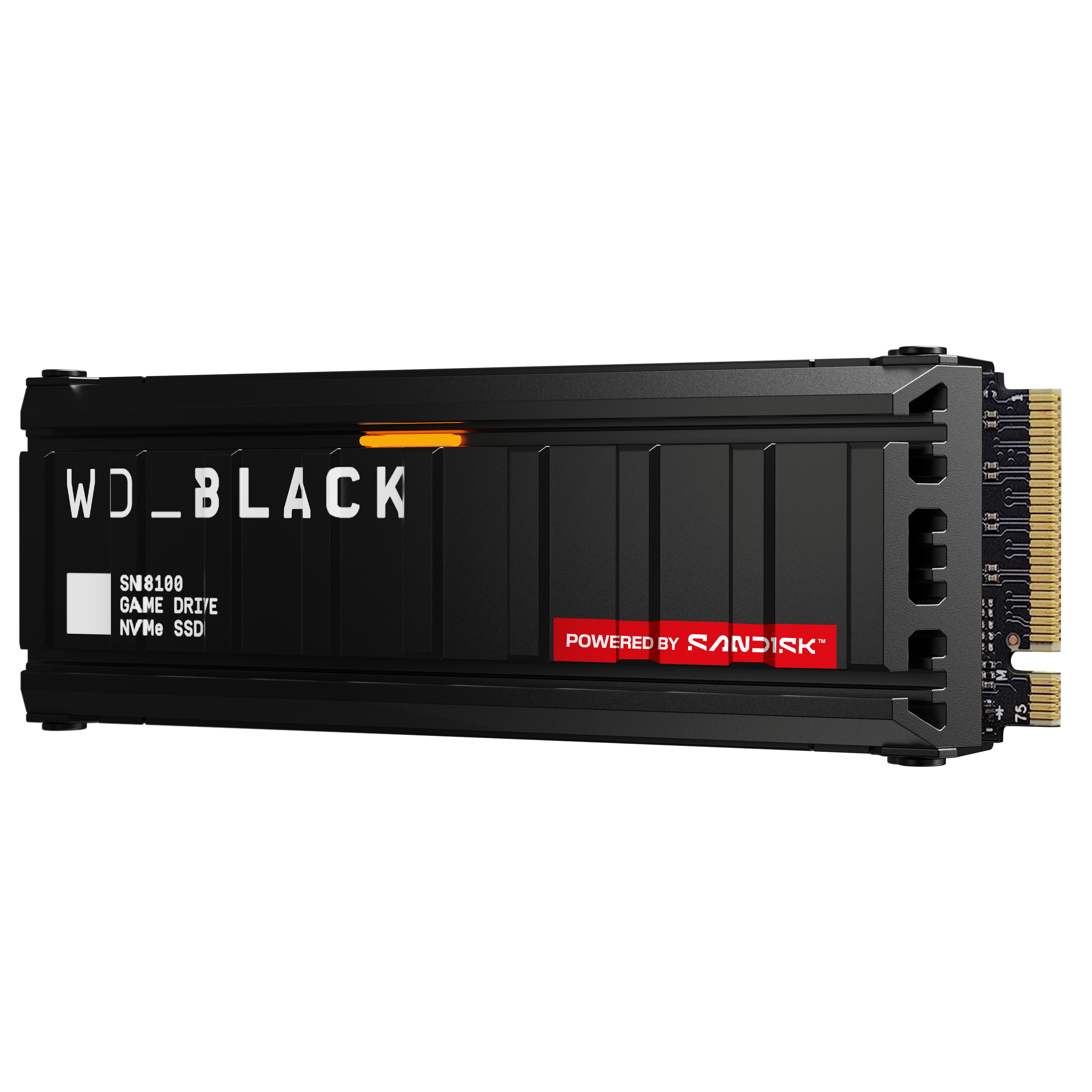 Eine schwarze WD_BLACK NVMe SSD-Festplatte. Es steht SN8100, Game Drive, NVMe SSD. Rotes Powered by Sandisk Logo.