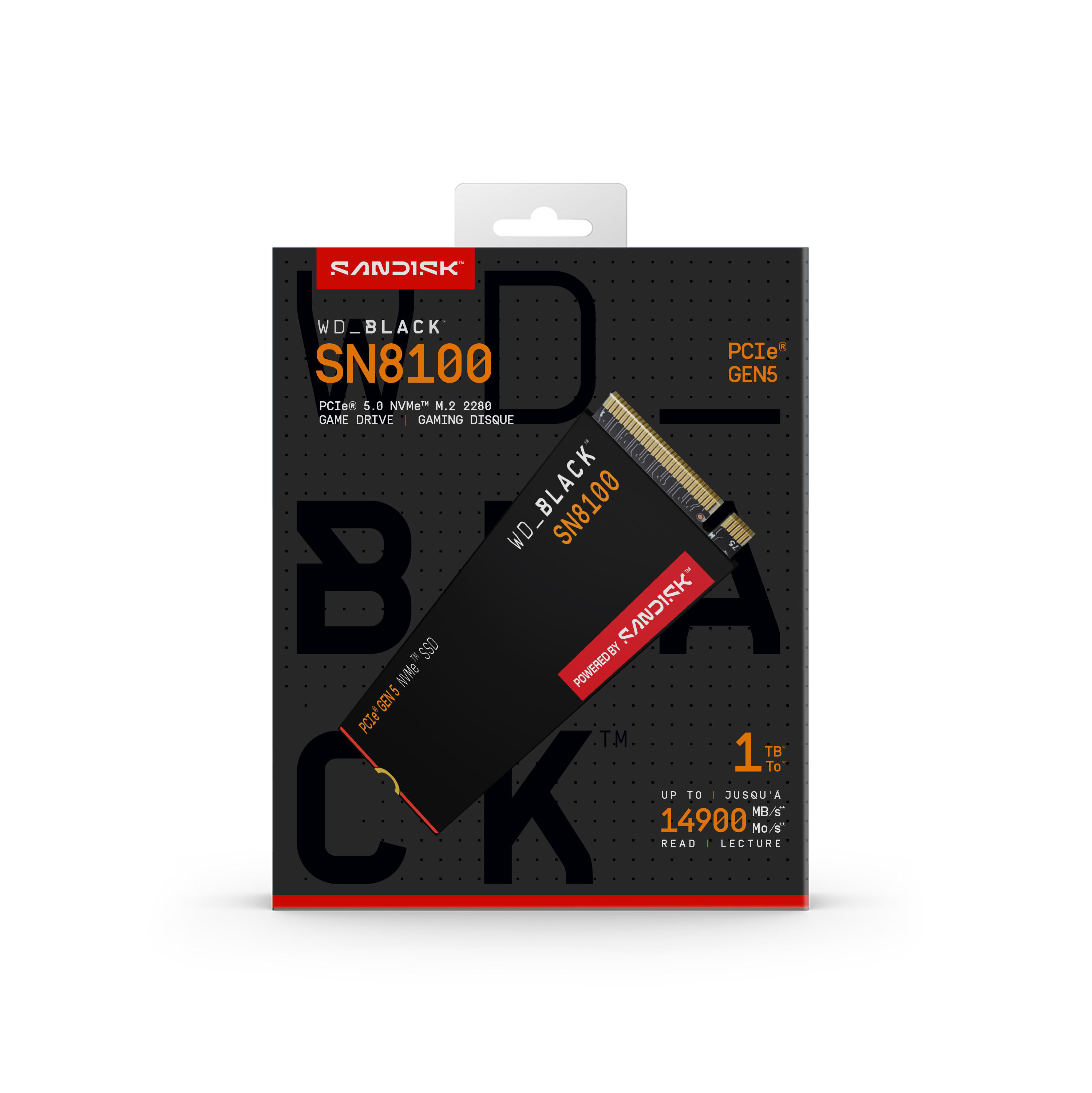 Produktverpackung für eine WD_BLACK SN8100 SSD. Die Box ist schwarz mit orangefarbenem Text und einem Foto.