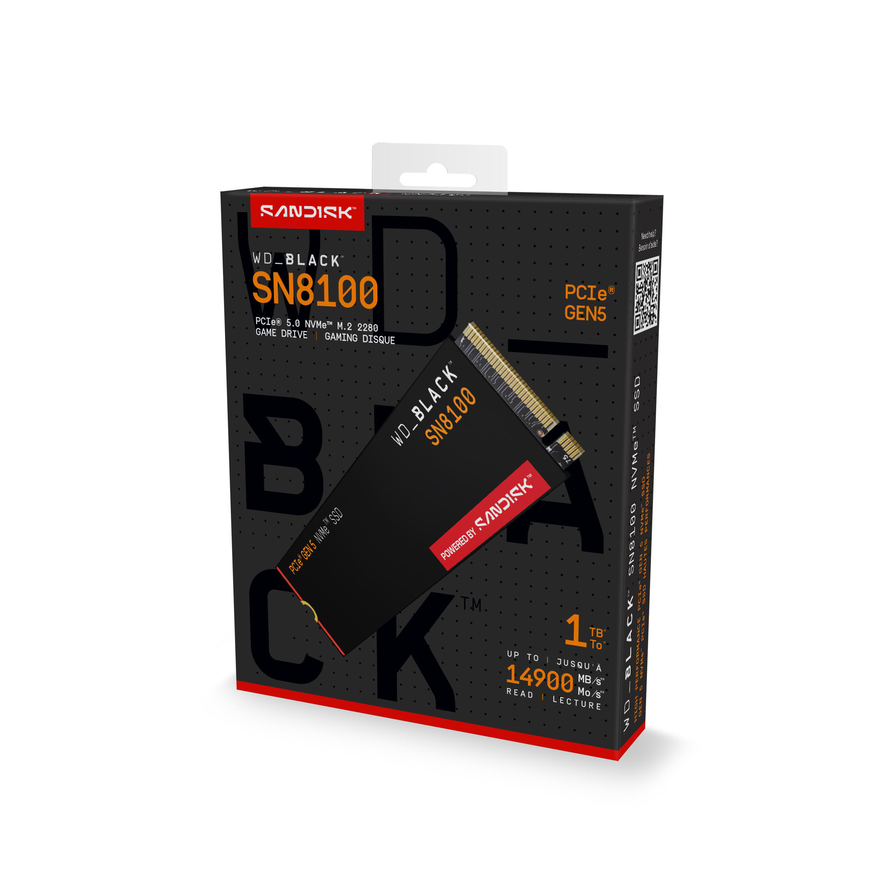Eine WD_Black SN8100 SSD-Box mit schwarzem und rotem Design. Eine Karte ist in der Box sichtbar.