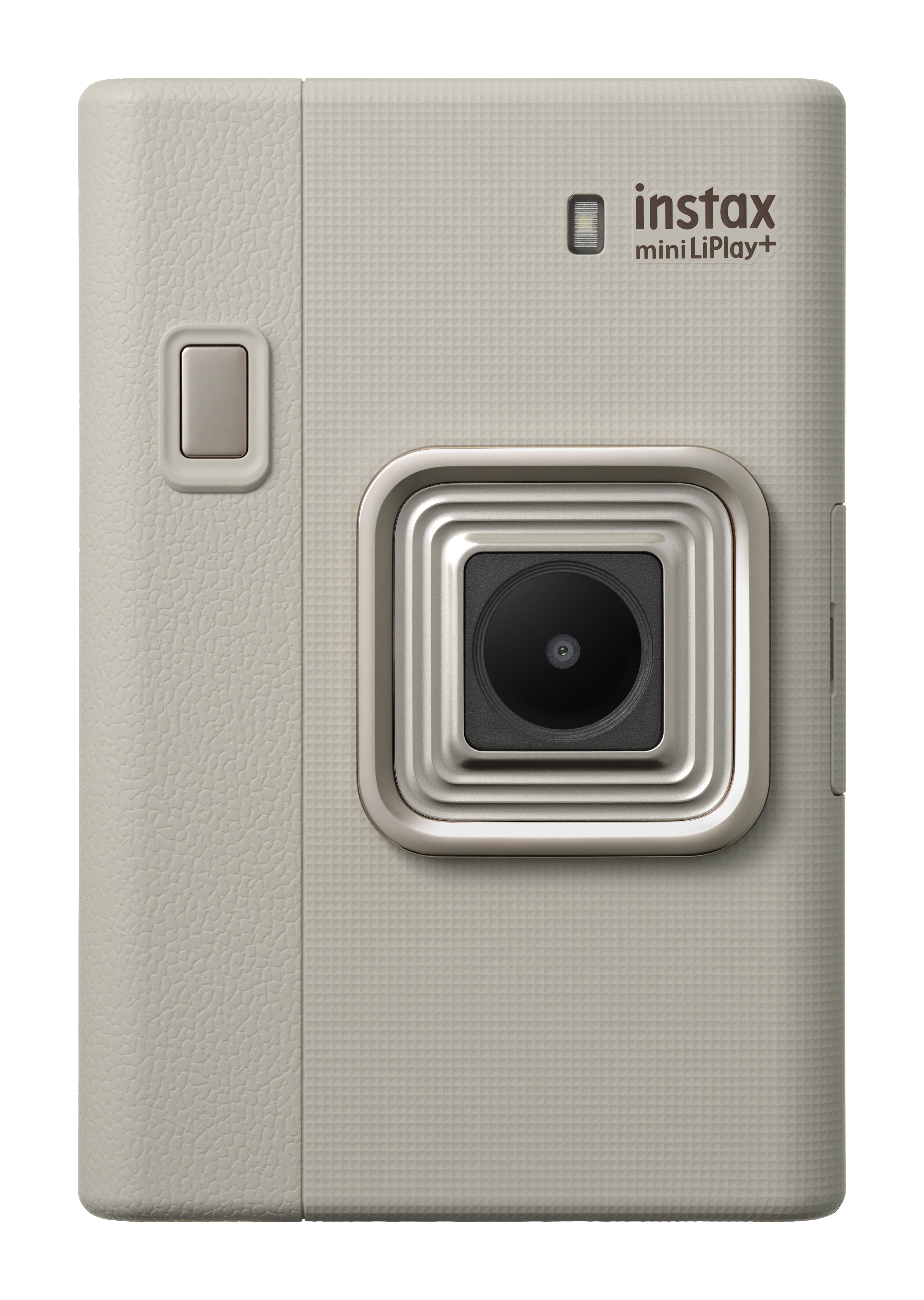 Eine hellgraue Instax Mini LiPlay+ Kamera. Sie hat ein Objektiv, Blitz und eine Taste. Das Instax-Logo ist sichtbar.