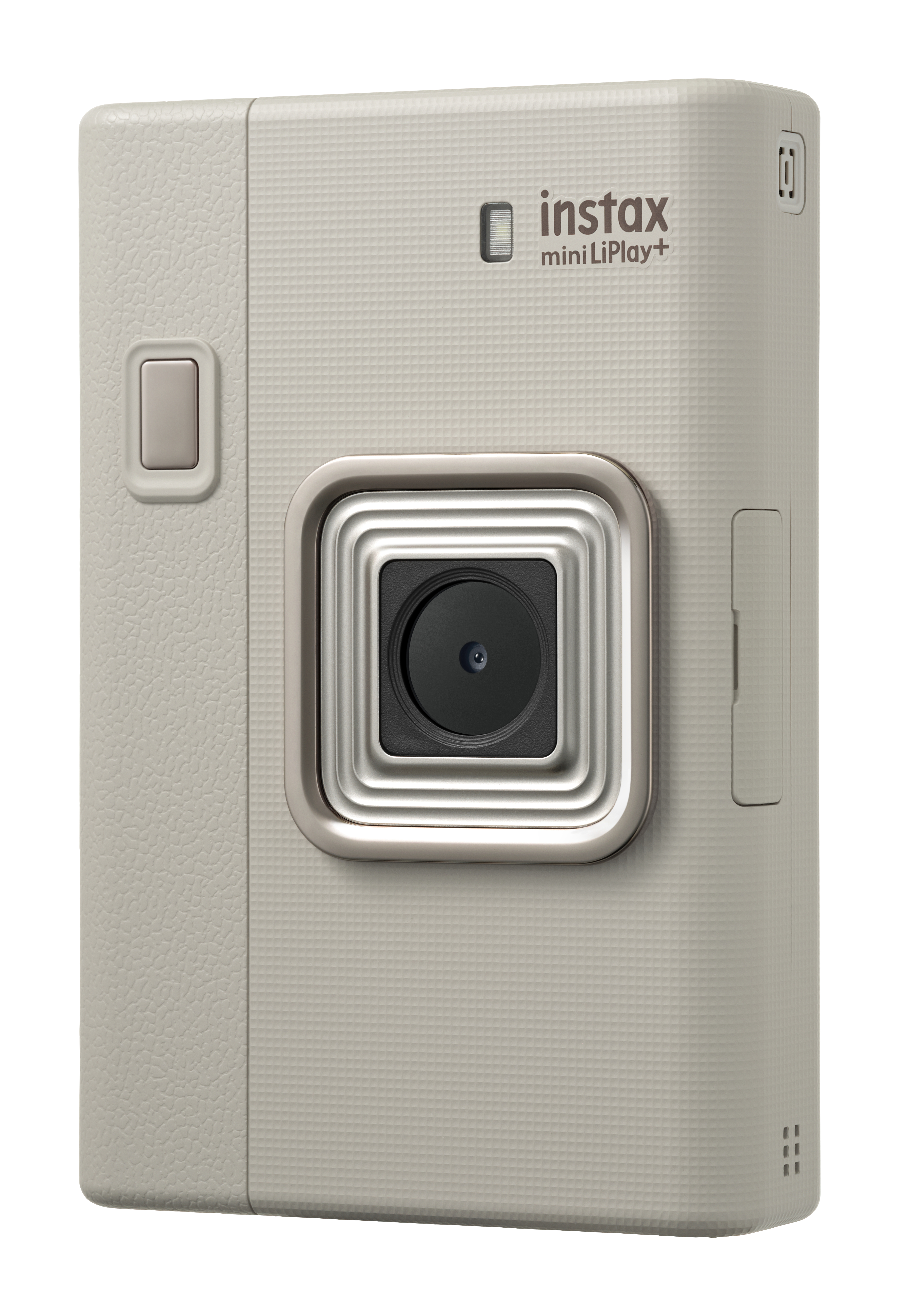 Eine hellgraue Instax Mini LiPlay+ Kamera. Sie hat ein Objektiv, einen Knopf und den Markennamen auf der Vorderseite.