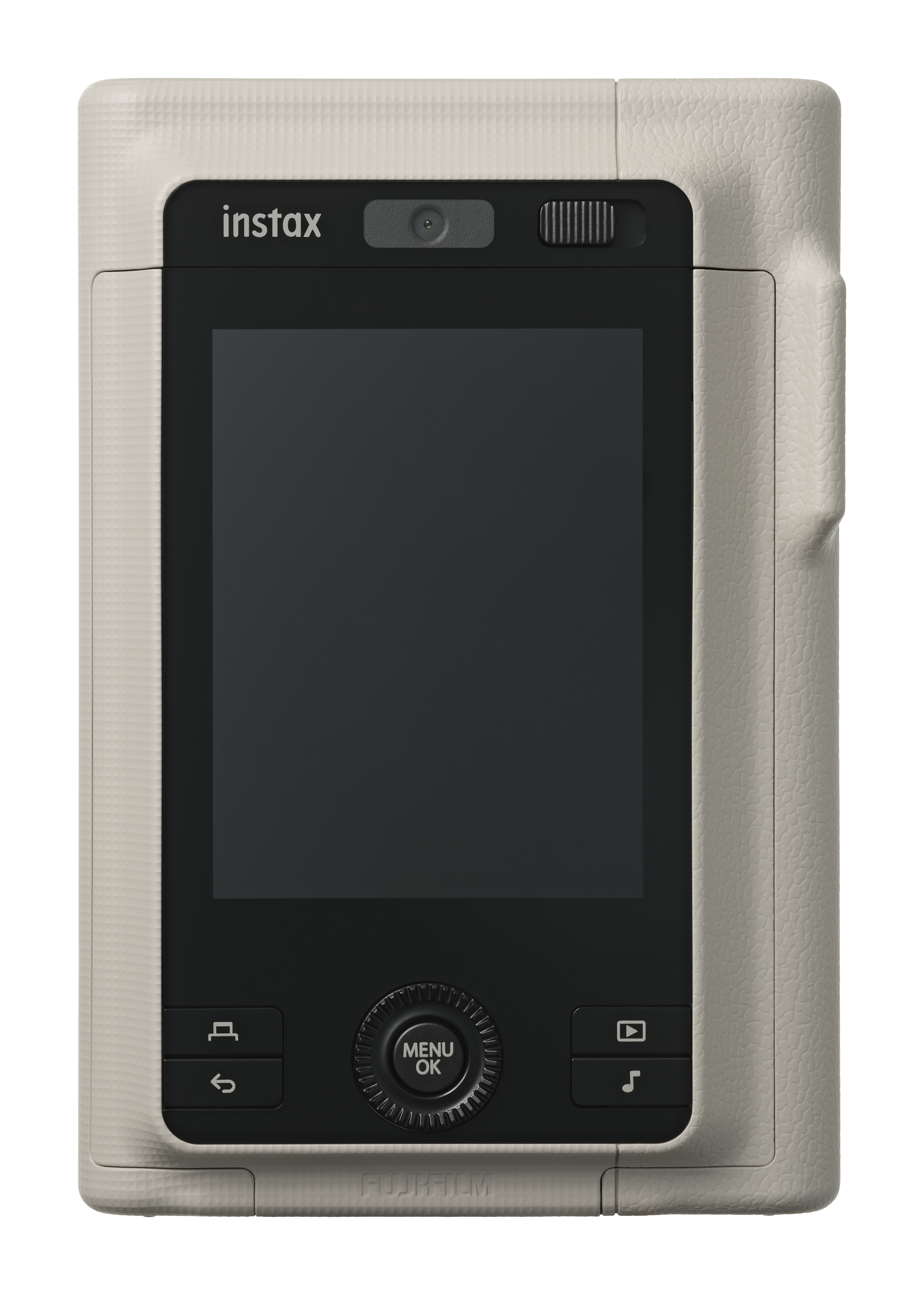 Eine beige Instax-Kamera mit schwarzem Bildschirm und Tasten. Die Kamera hat ein Objektiv und eine strukturierte Oberfläche.