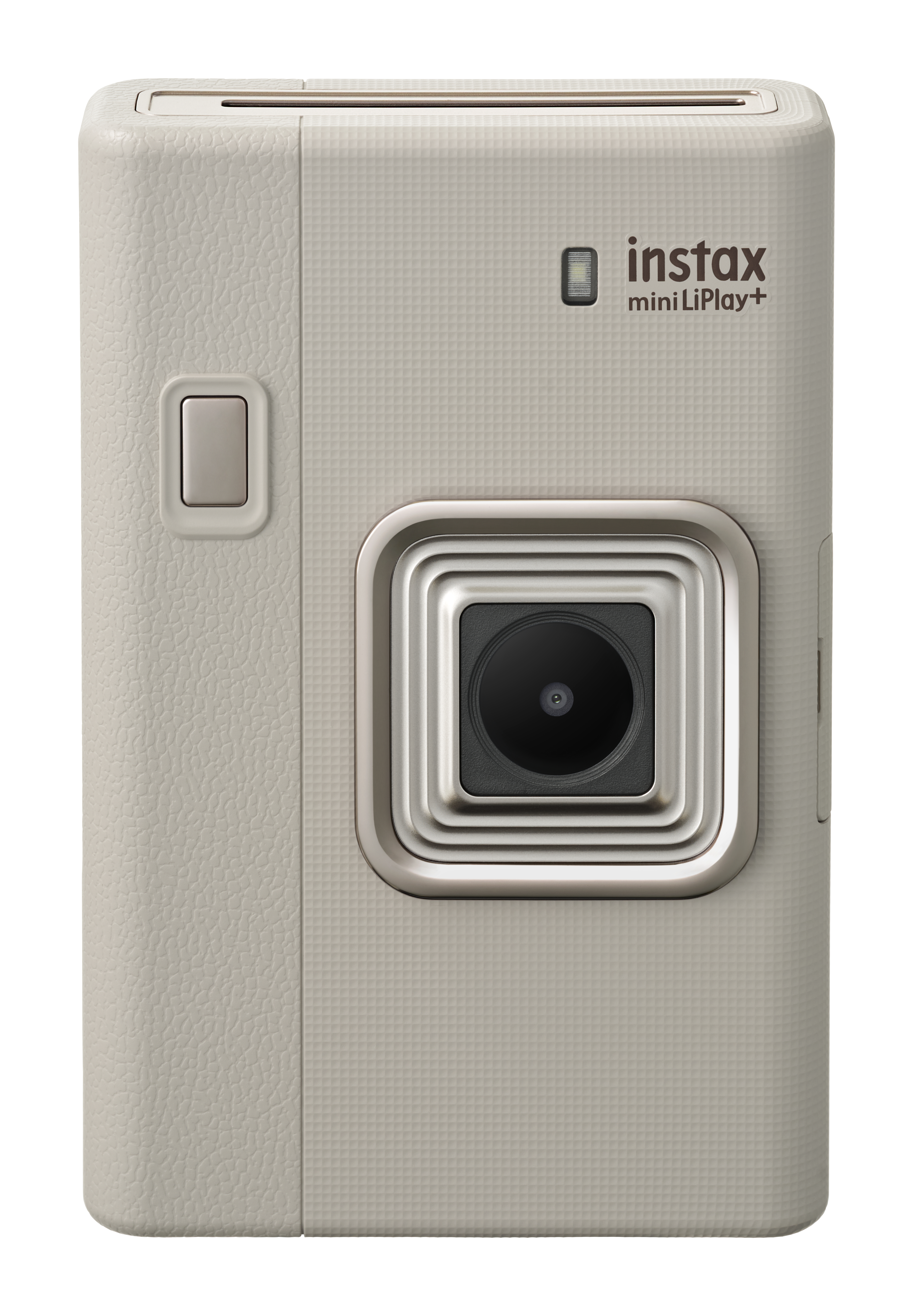 Eine beige Instax mini LiPlay+ Kamera. Sie hat ein Objektiv, eine Taste und den Markennamen. Der Hintergrund ist weiß.