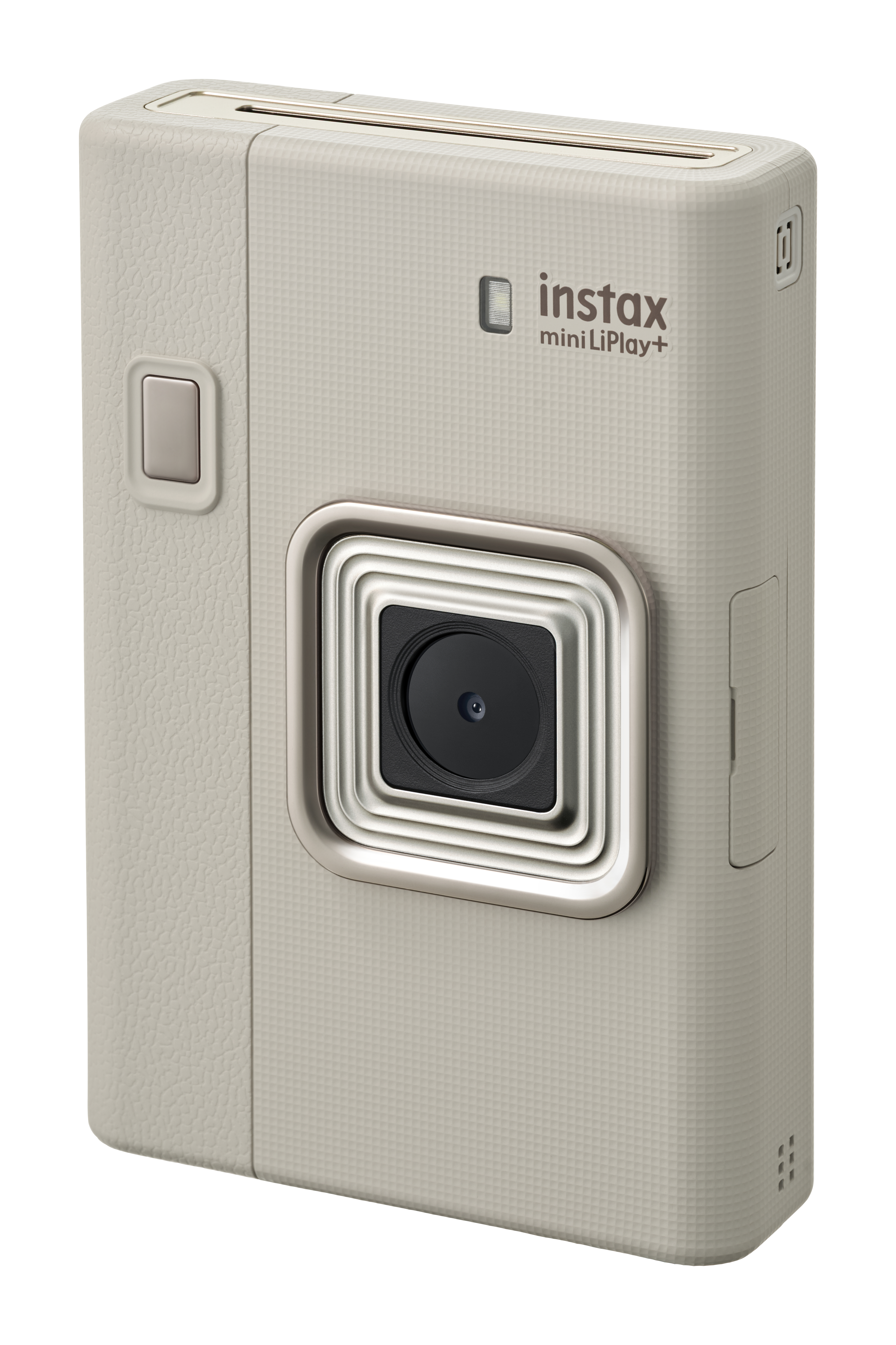 Eine hellgraue Instax Mini LiPlay+ Kamera. Sie hat ein Objektiv, eine Taste und das Instax-Logo auf der Vorderseite.