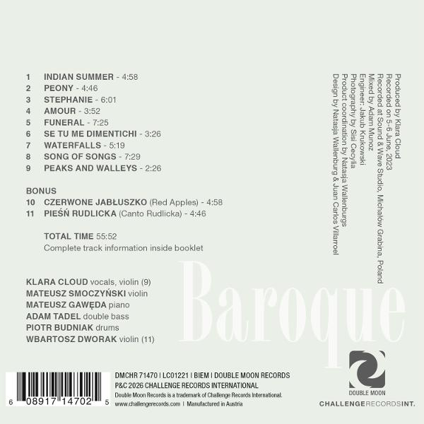 Albumcover mit Titelliste und Credits auf weißem Hintergrund, mit dem Wort 'Baroque' und dem Double Moon Logo.