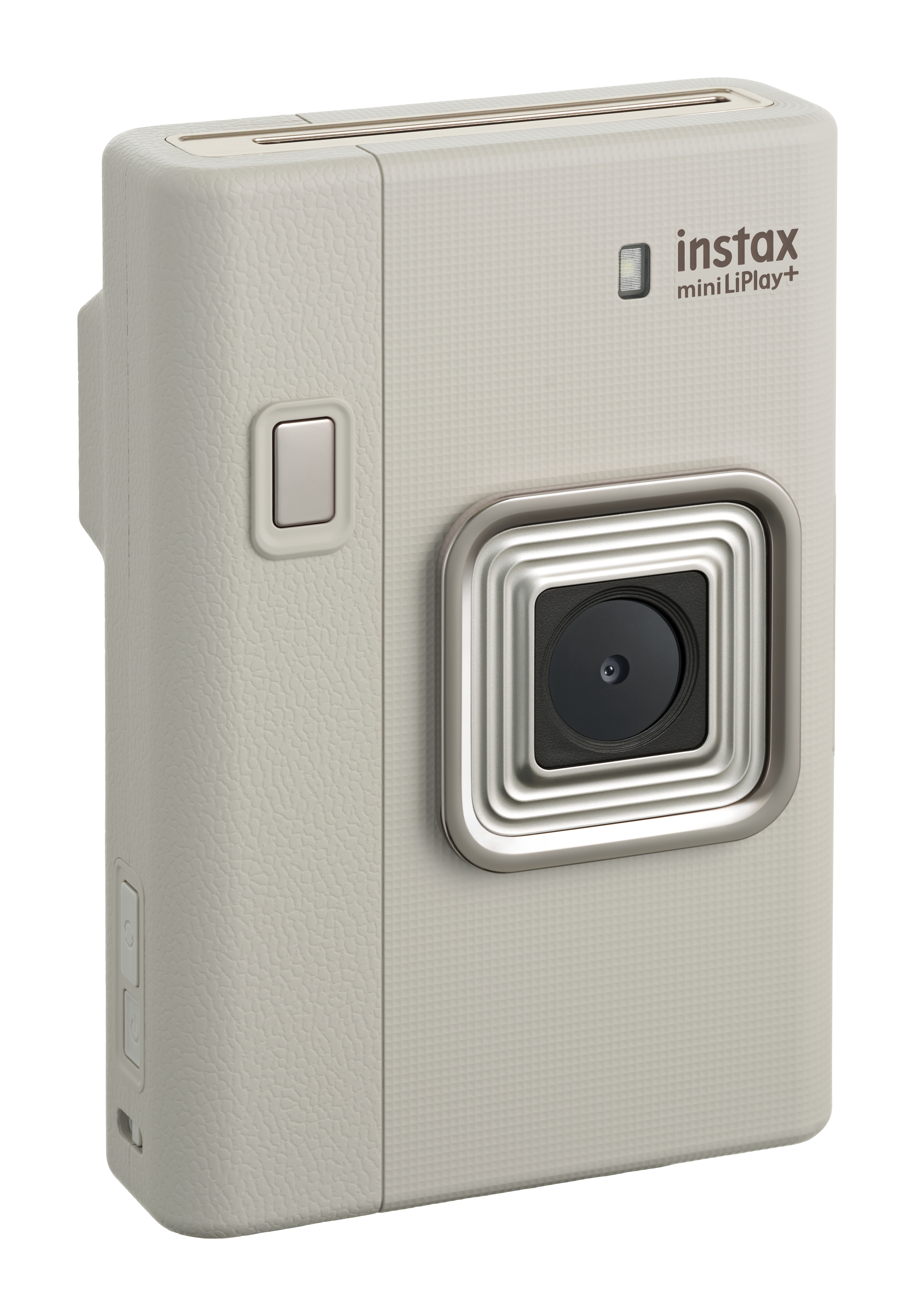 Eine hellgraue Instax Mini LiPlay+ Kamera. Es hat ein Objektiv, Knöpfe und das Instax-Logo. Der Hintergrund ist weiß.